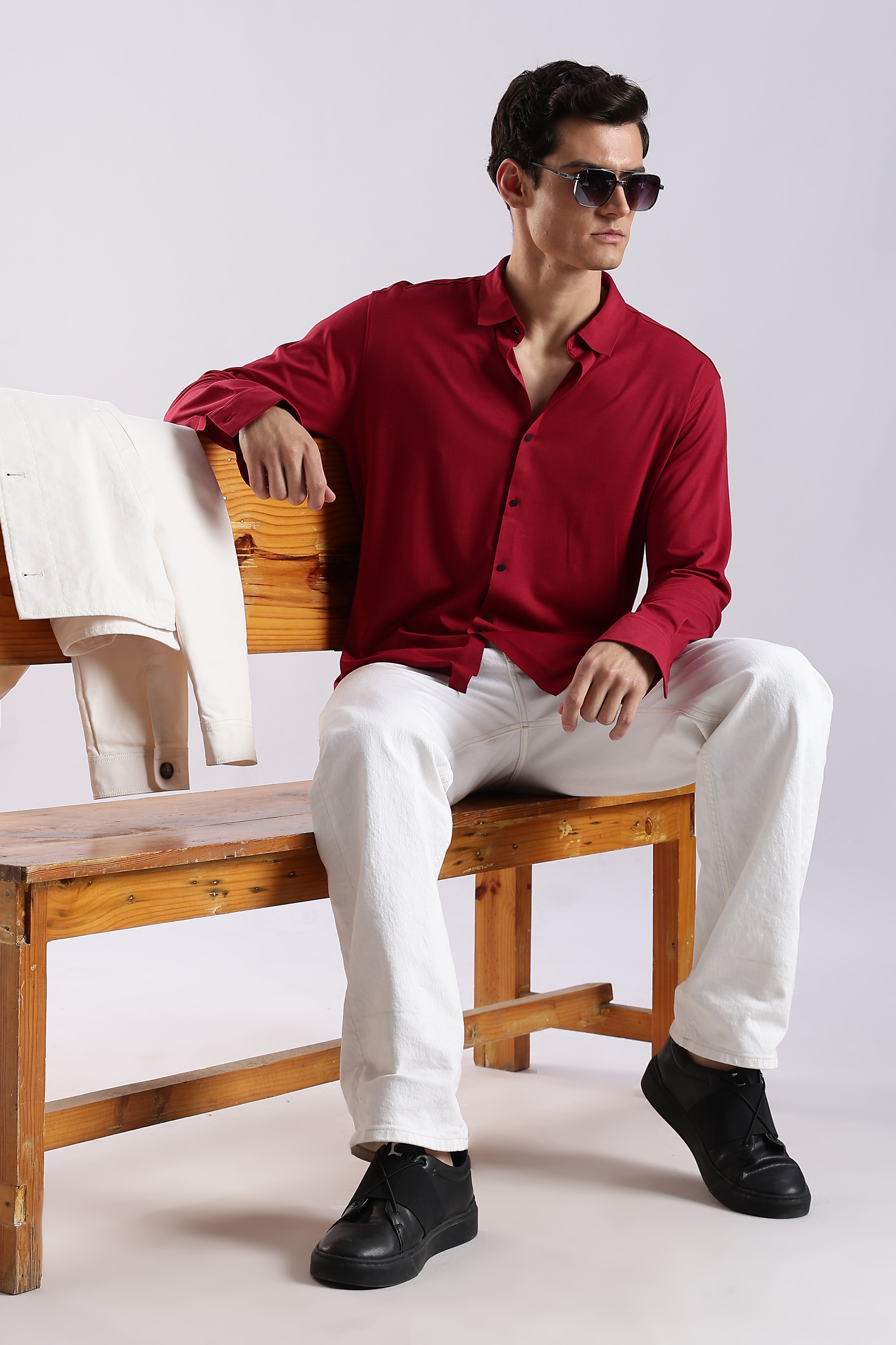 Men Maroon Knitted Slim Fit Shirt