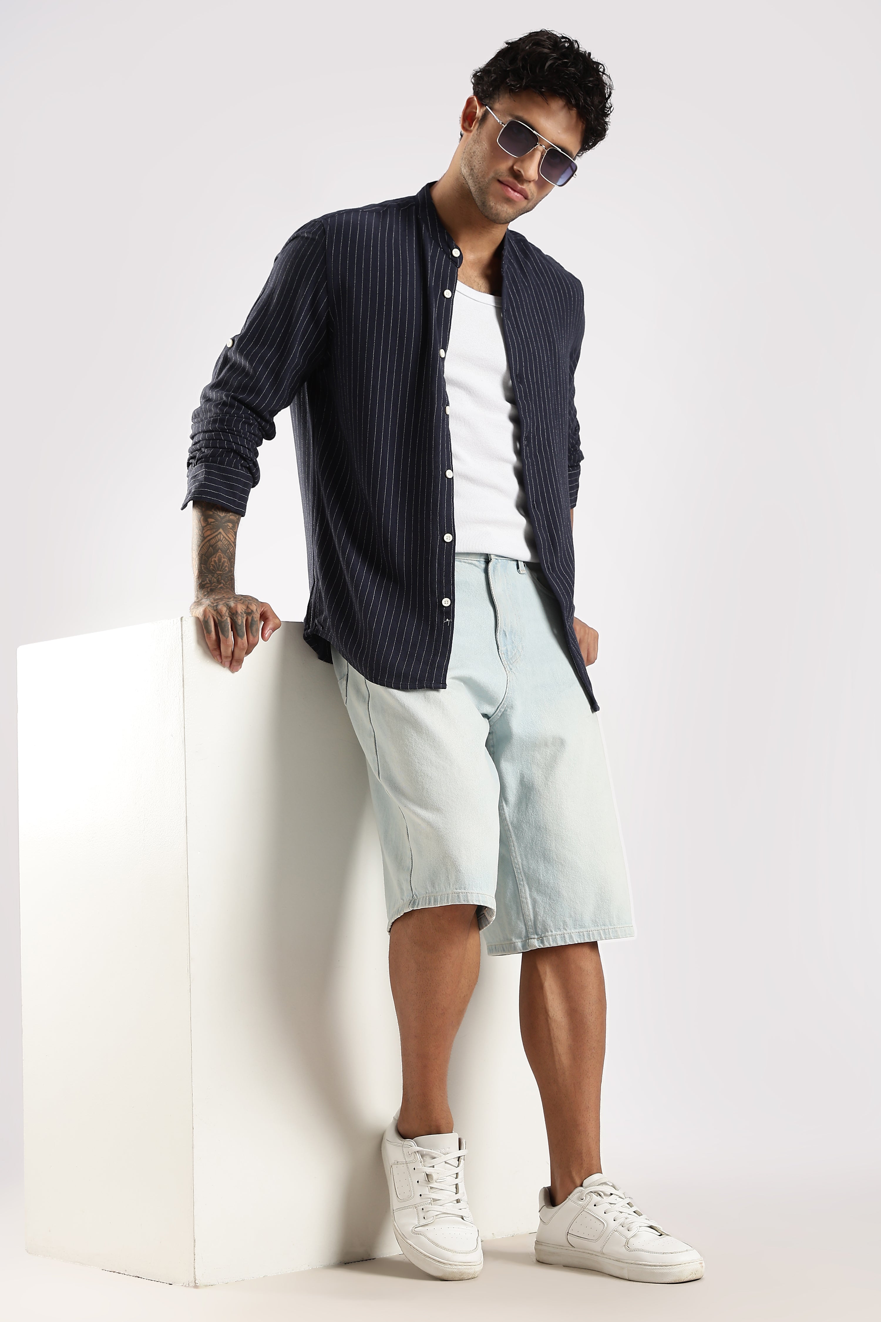 Men Navy Blue Linen Blend Striped Shirt