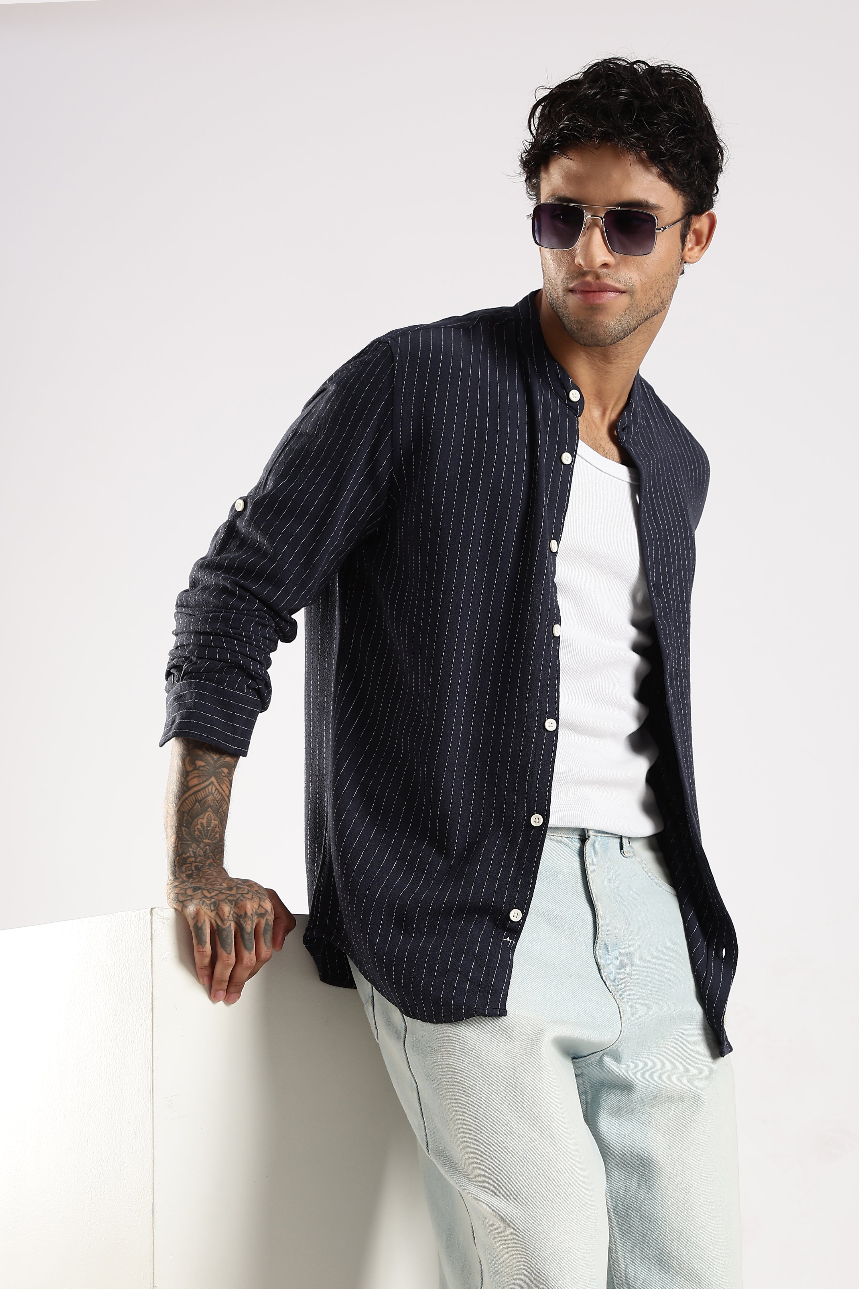 Men Navy Blue Linen Blend Striped Shirt