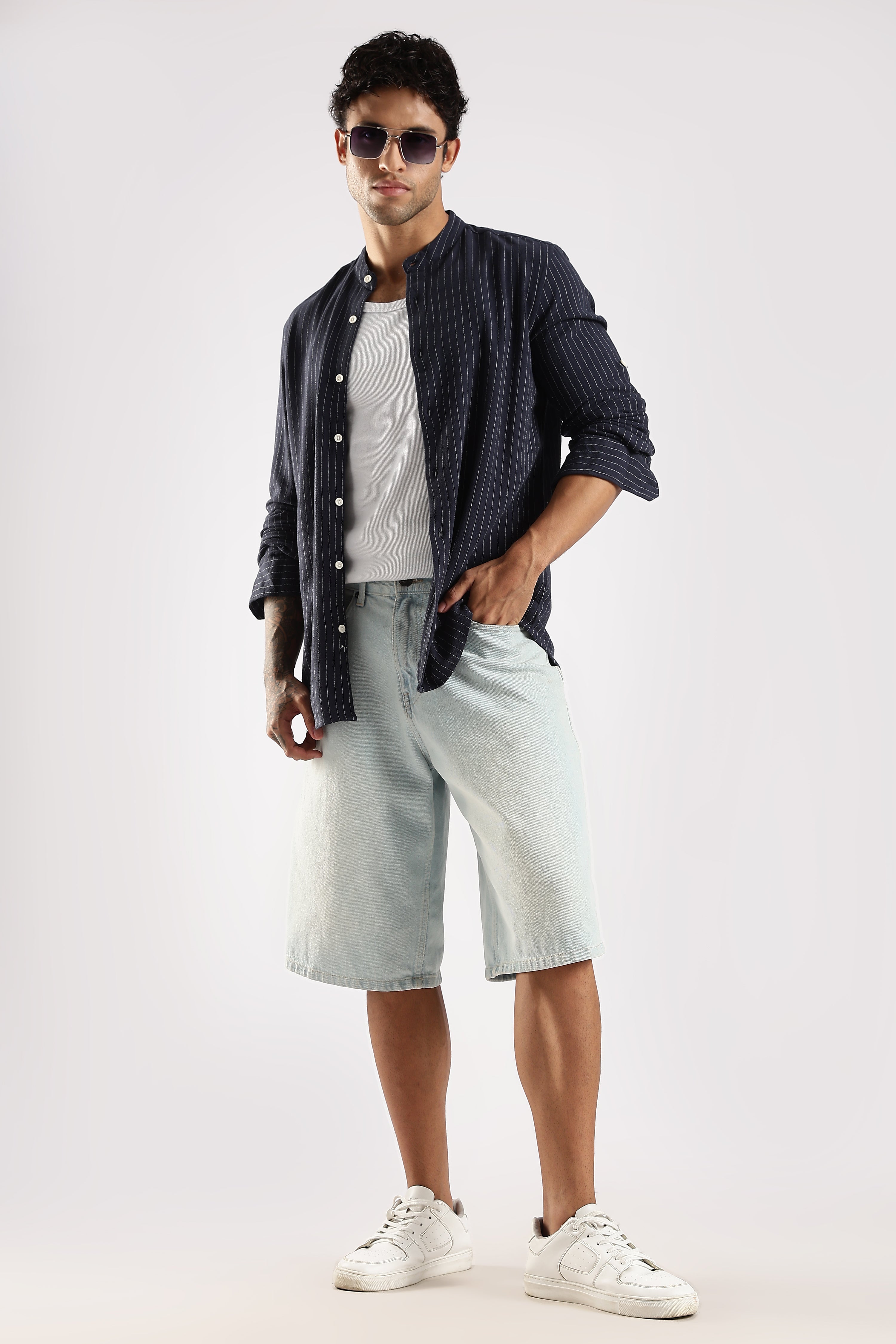 Men Navy Blue Linen Blend Striped Shirt