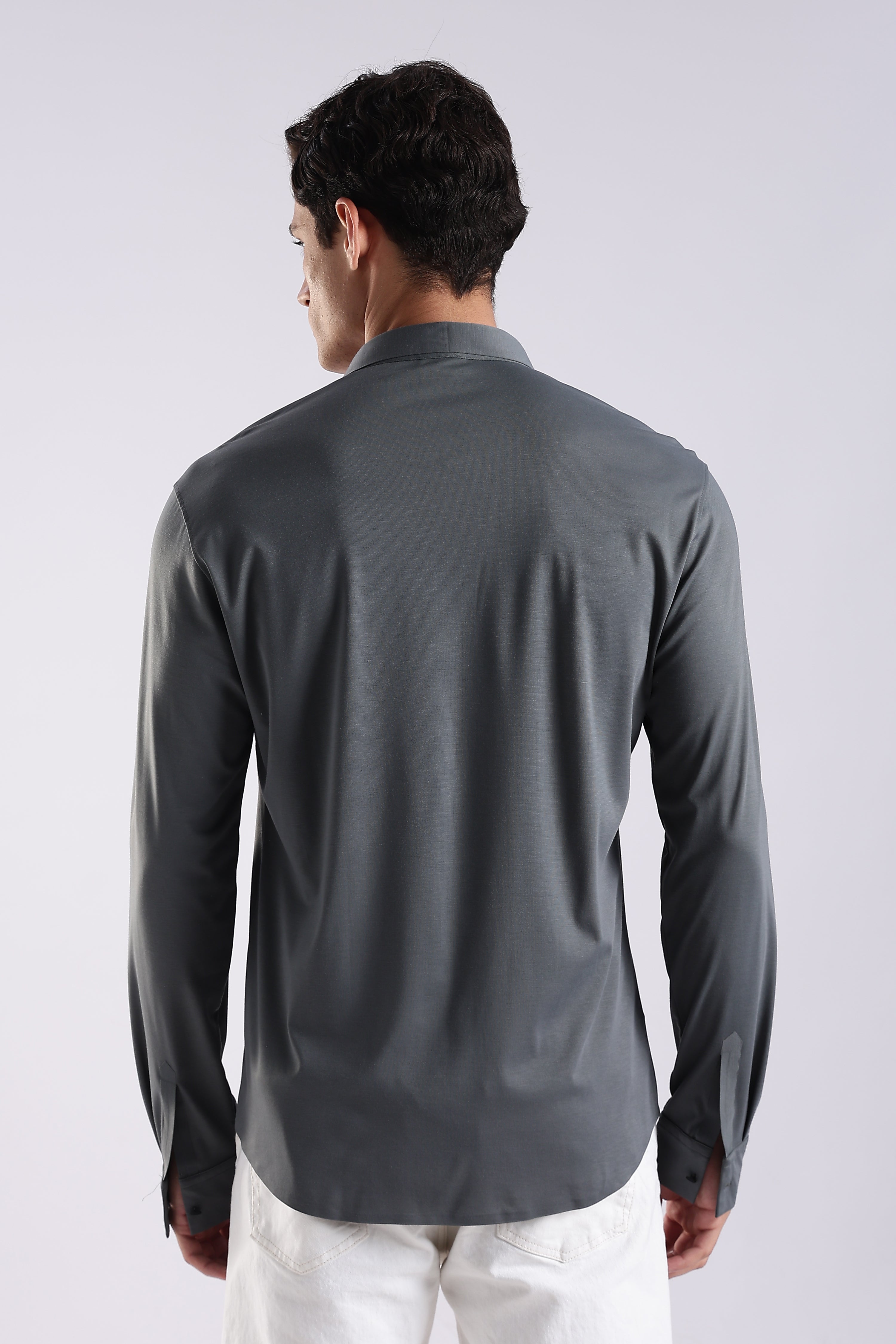 Men Grey Knitted Slim Fit Shirt