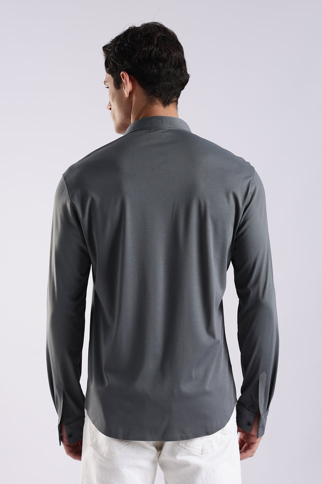 Men Grey Knitted Slim Fit Shirt