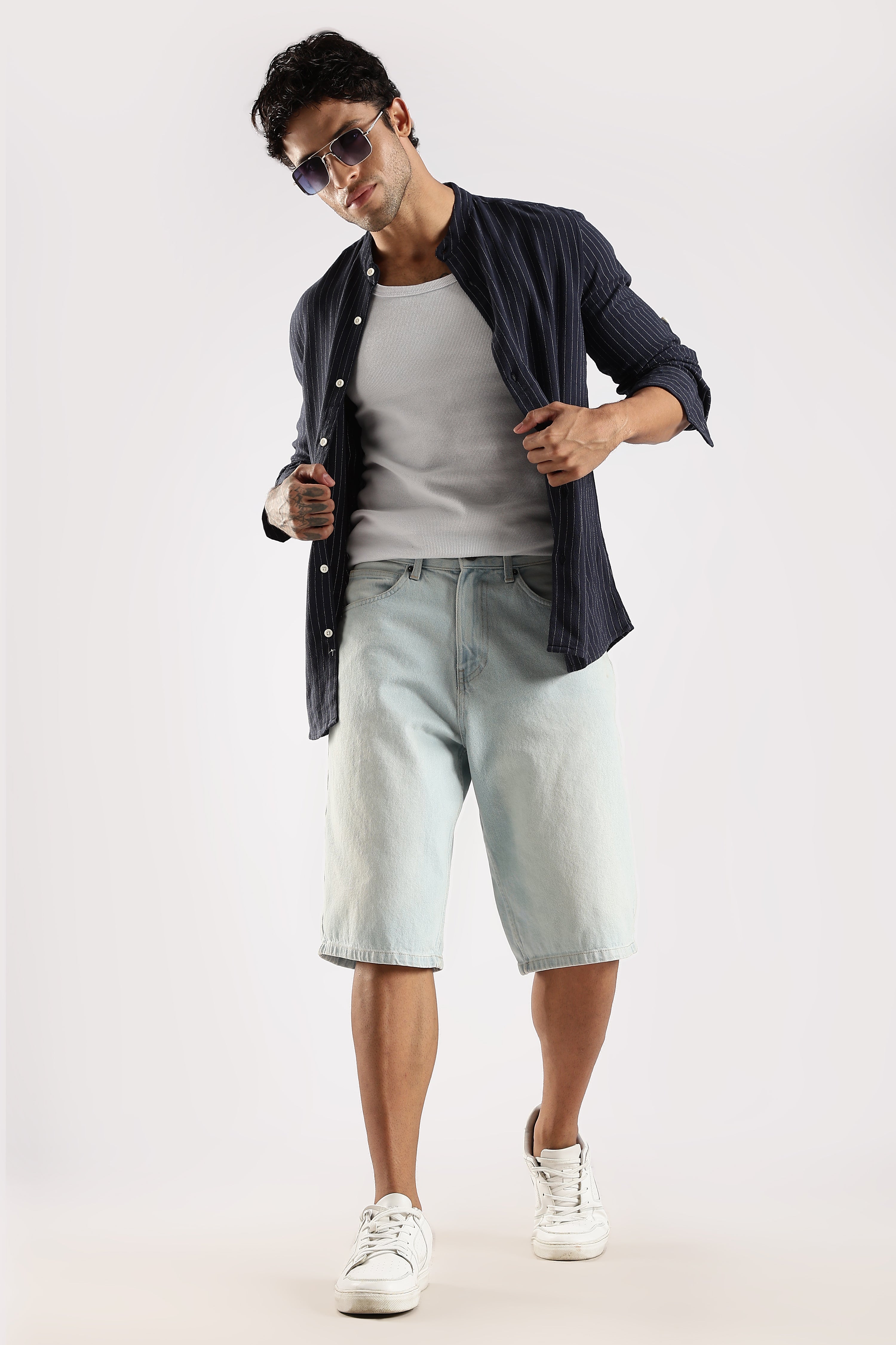 Men Navy Blue Linen Blend Striped Shirt