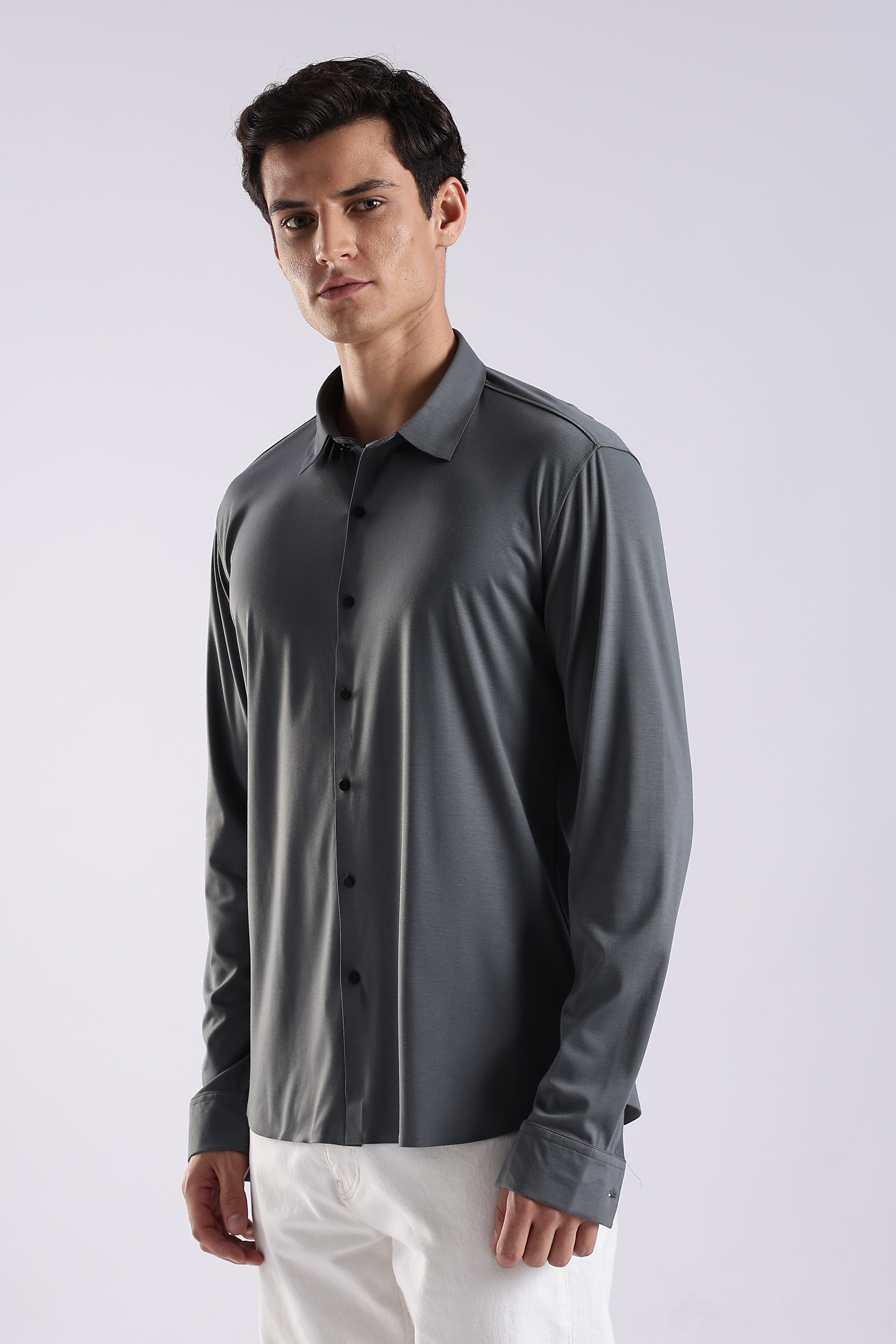 Men Grey Knitted Slim Fit Shirt