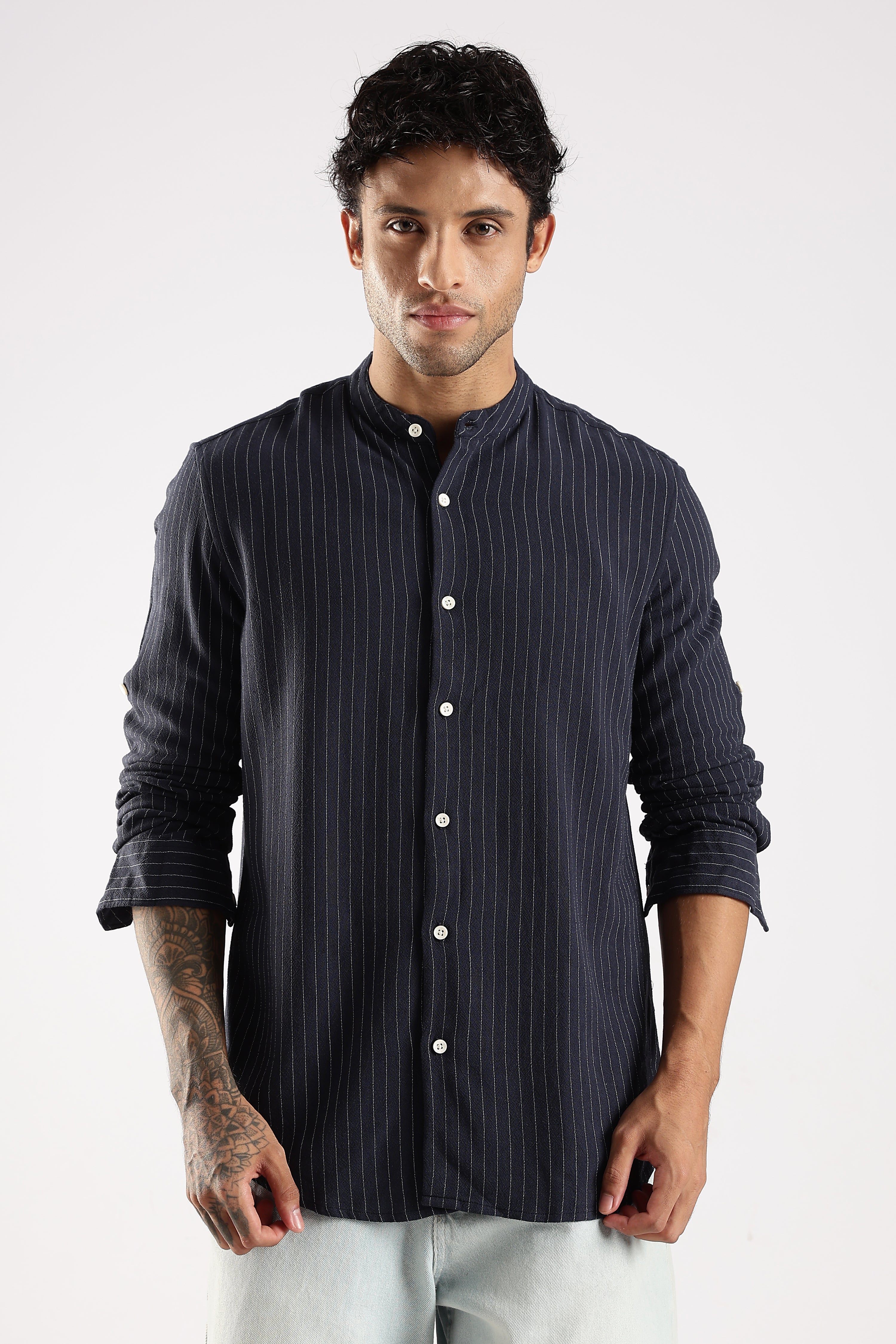 Men Navy Blue Linen Blend Striped Shirt