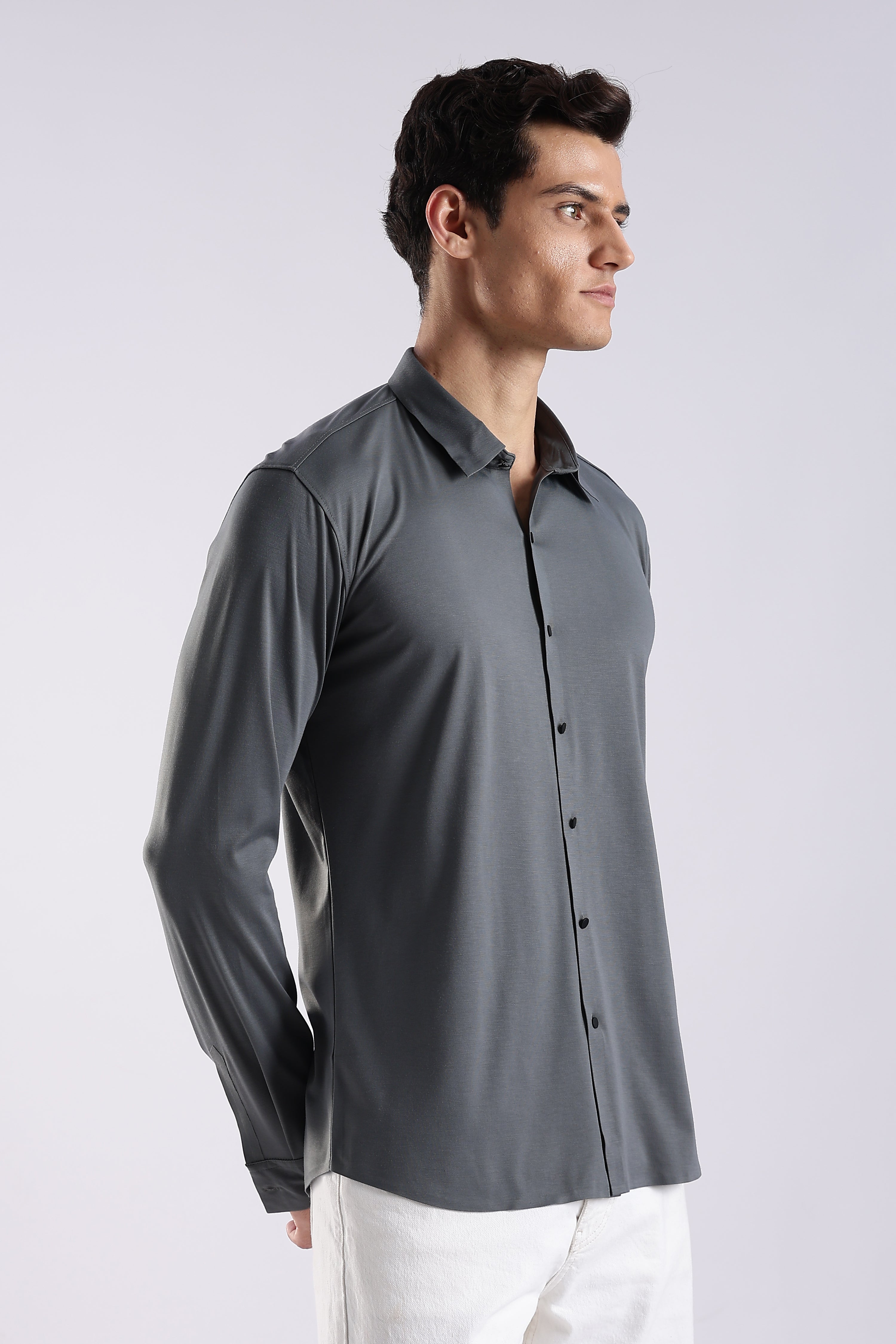 Men Grey Knitted Slim Fit Shirt
