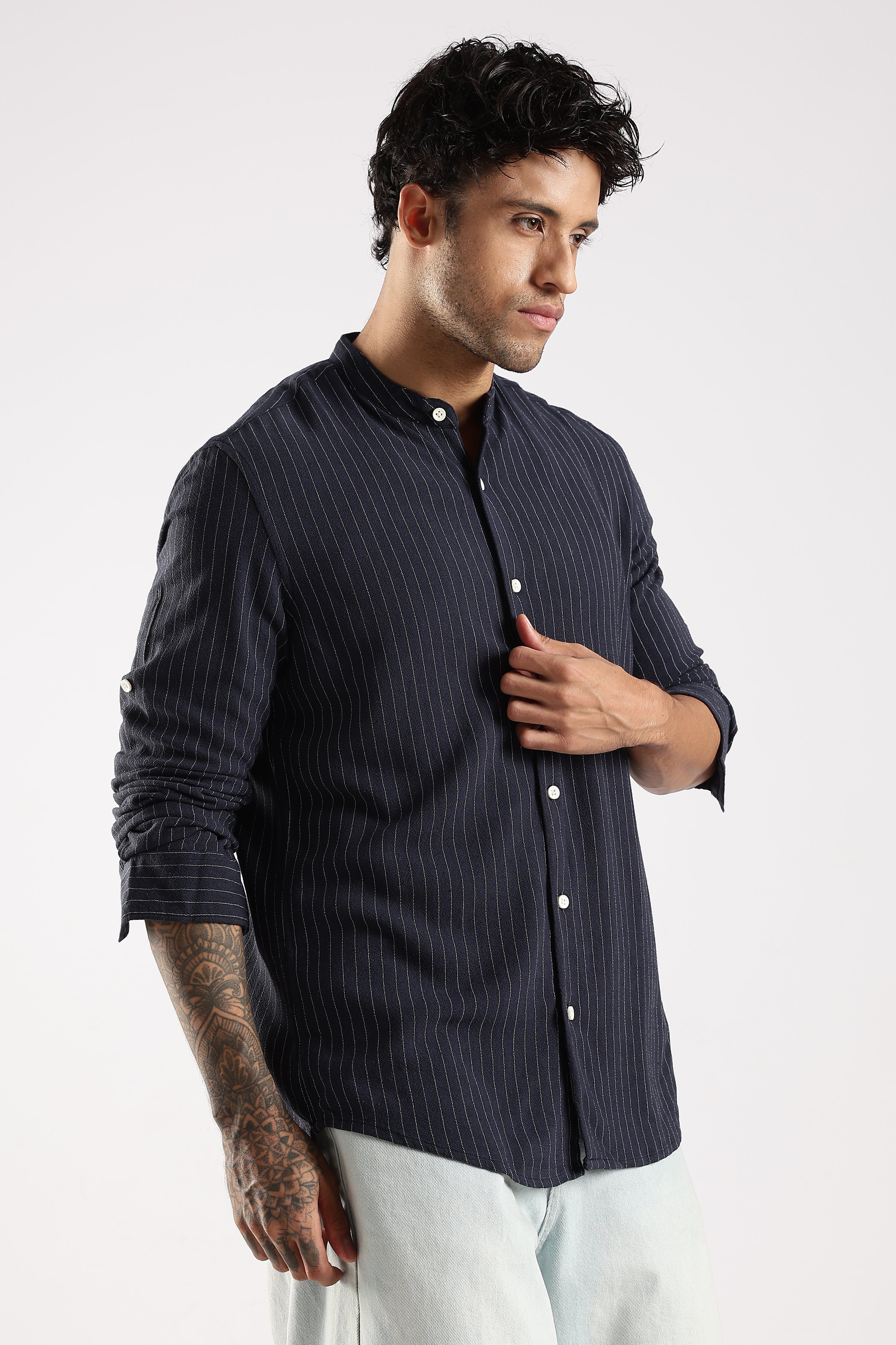 Men Navy Blue Linen Blend Striped Shirt