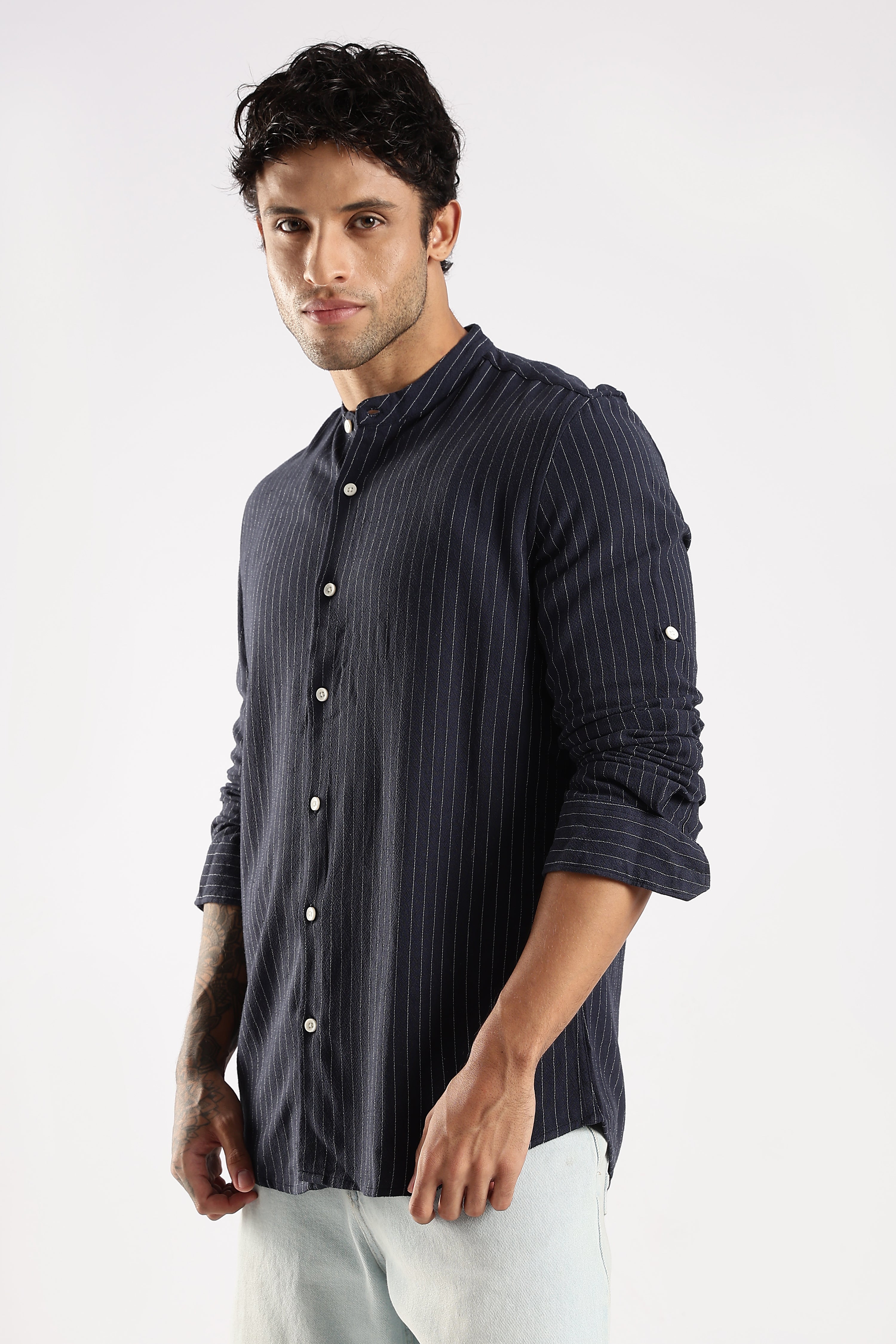 Men Navy Blue Linen Blend Striped Shirt