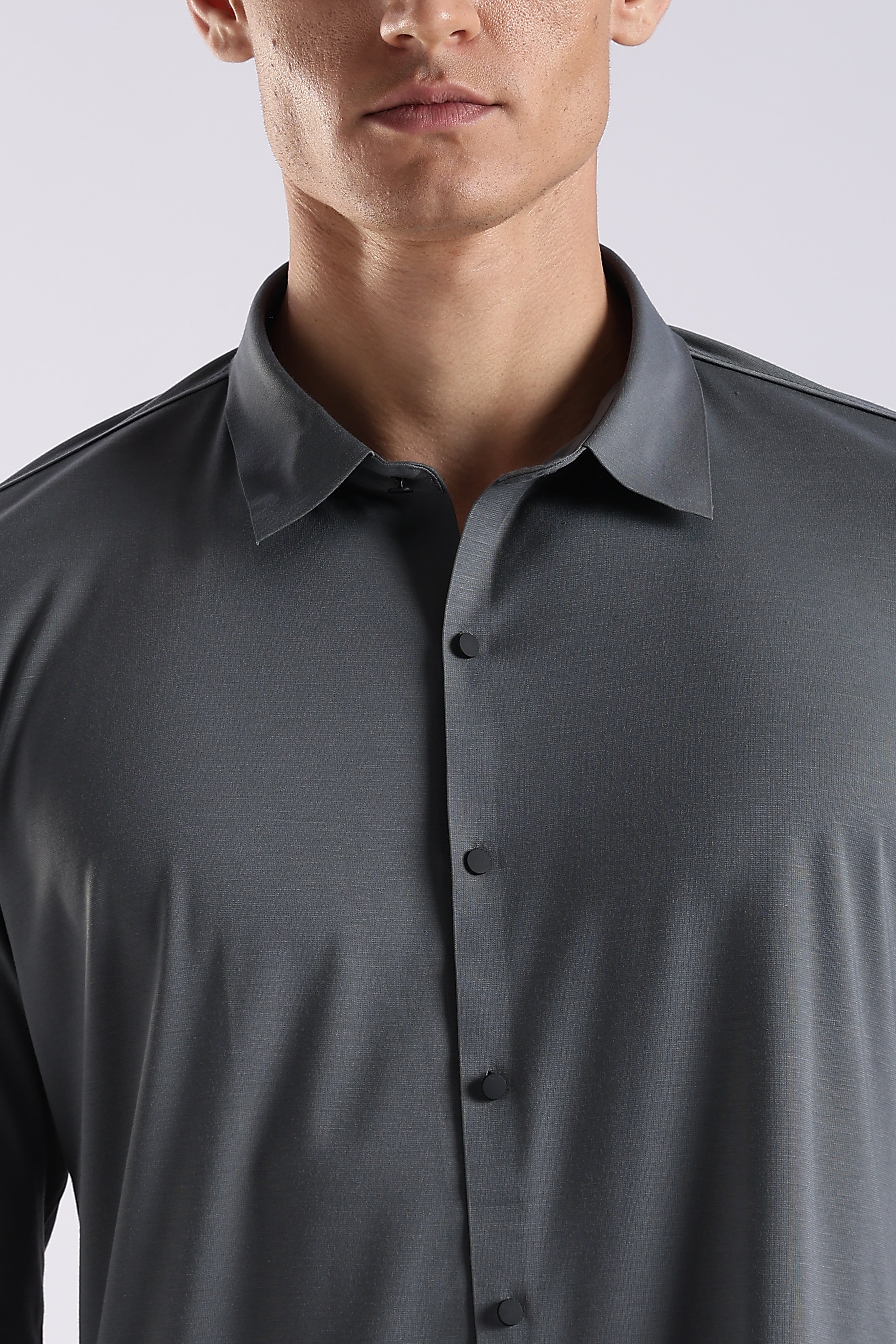 Men Grey Knitted Slim Fit Shirt