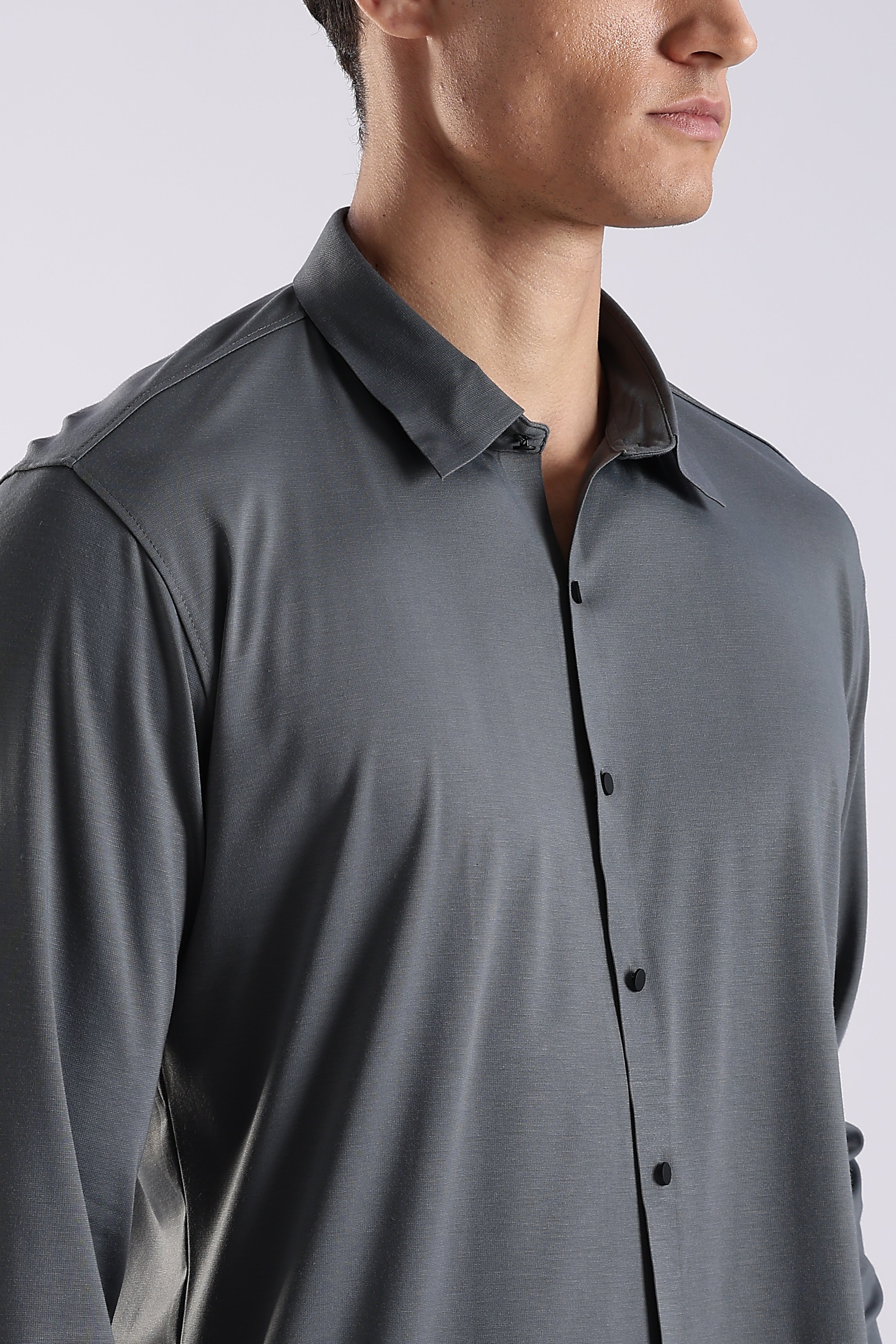Men Grey Knitted Slim Fit Shirt