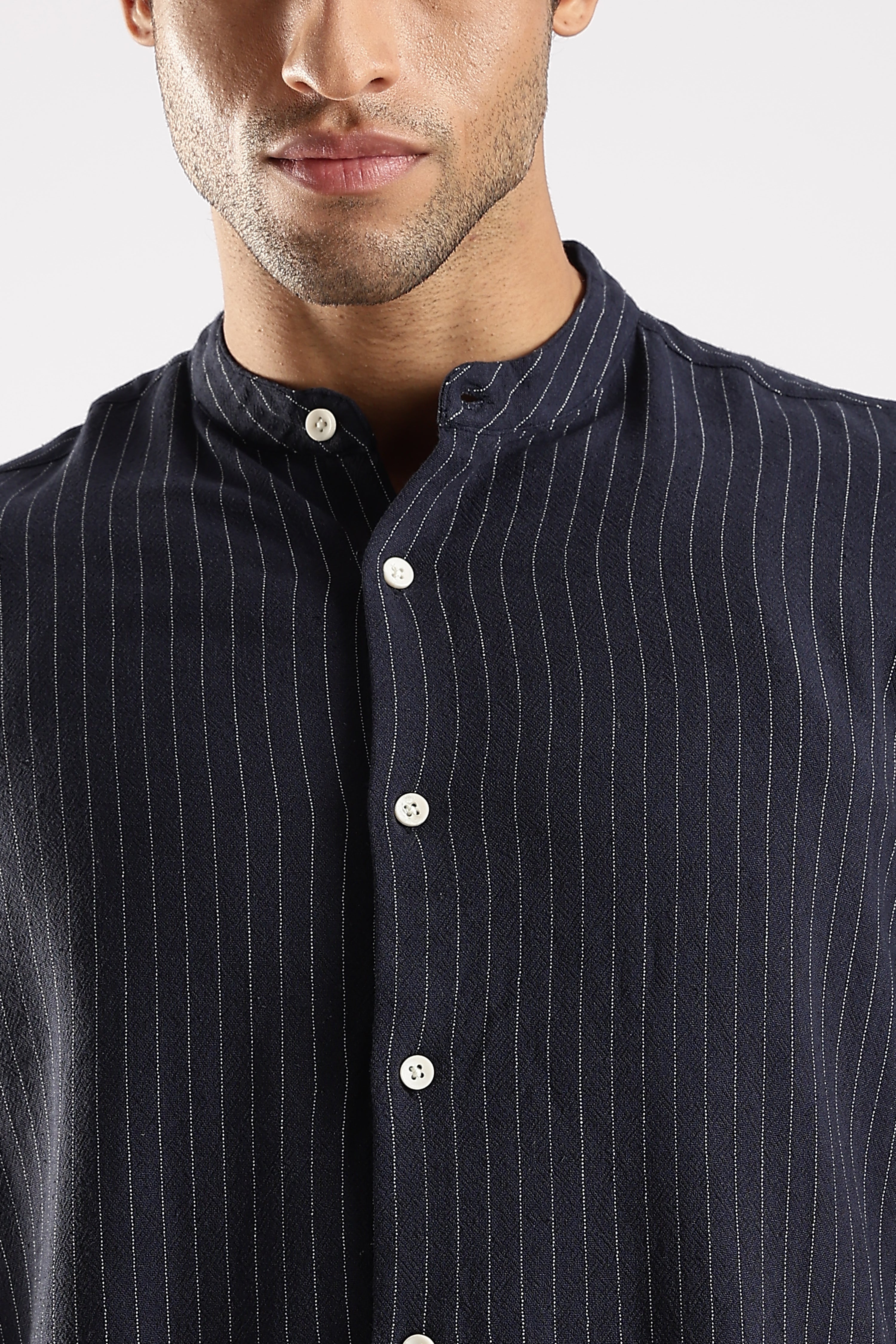 Men Navy Blue Linen Blend Striped Shirt