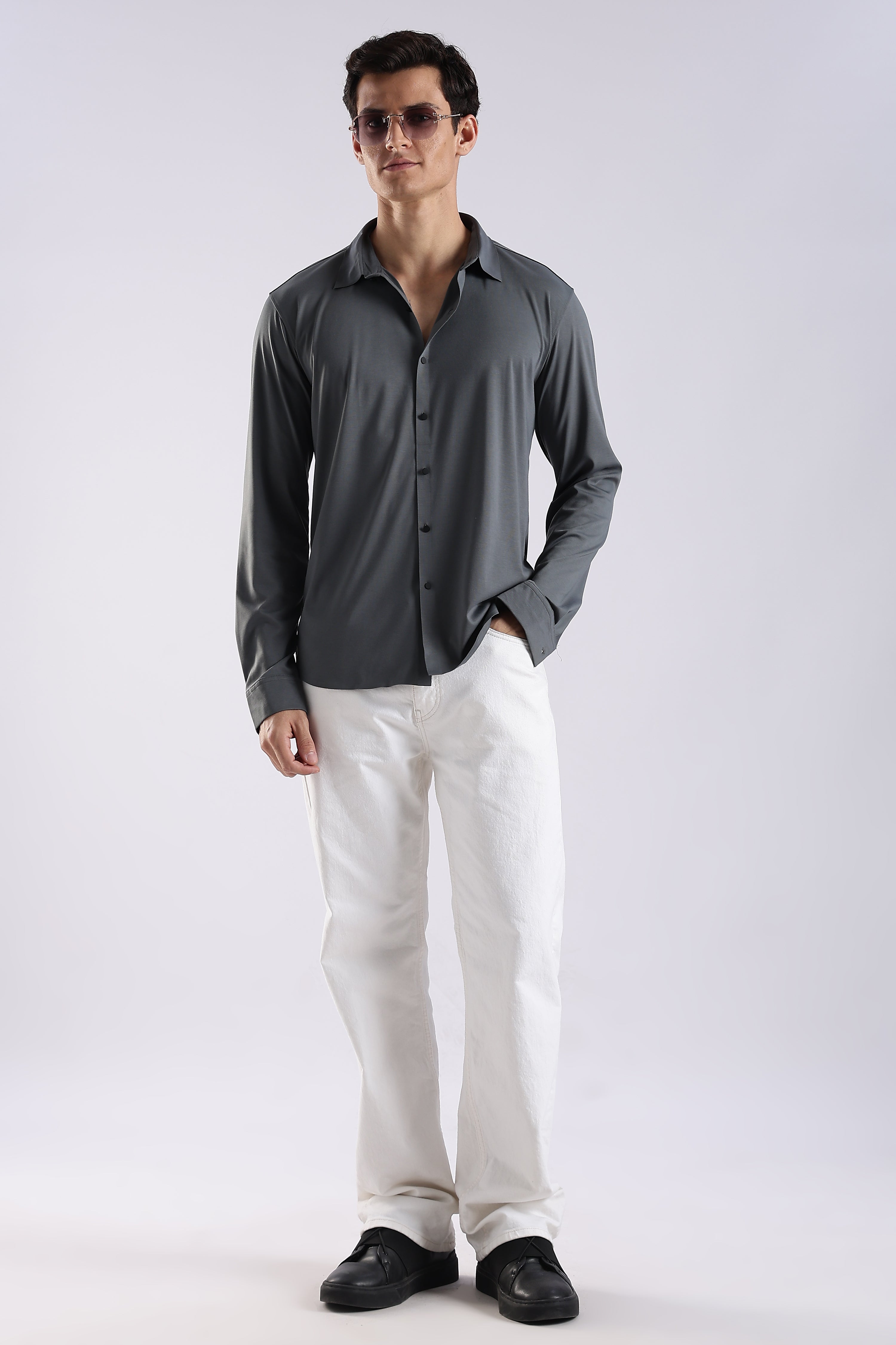 Men Grey Knitted Slim Fit Shirt