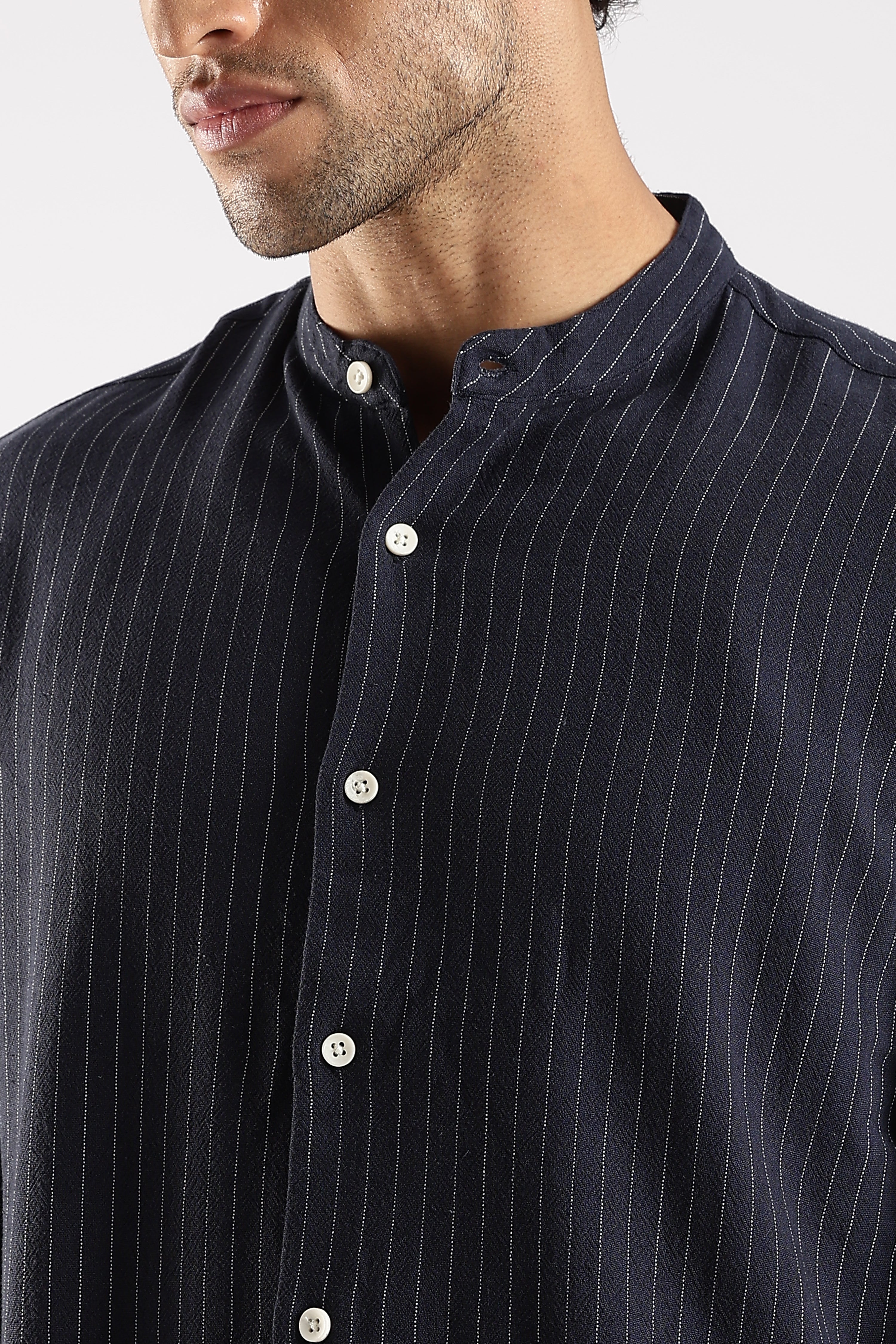 Men Navy Blue Linen Blend Striped Shirt