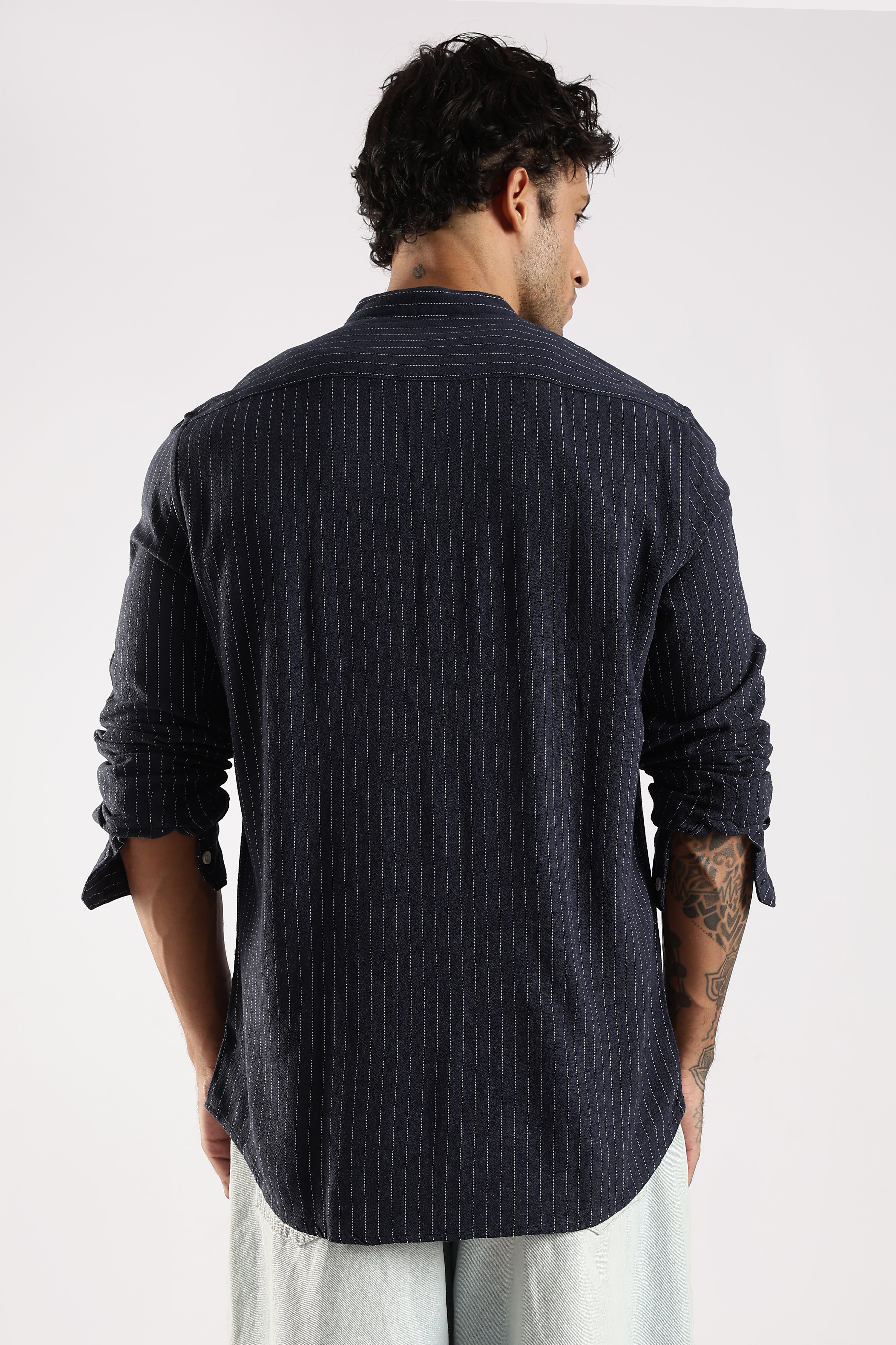 Men Navy Blue Linen Blend Striped Shirt