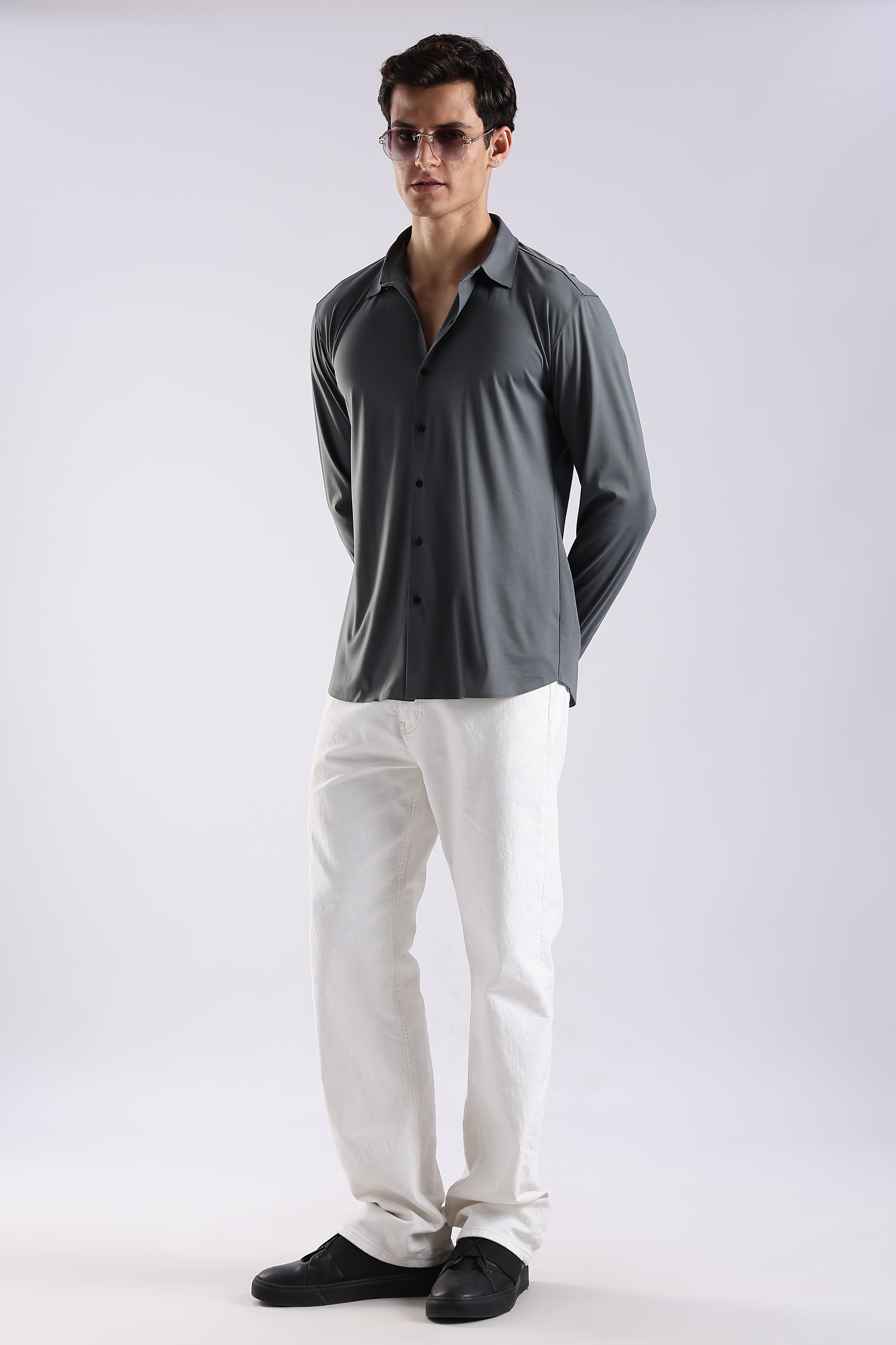 Men Grey Knitted Slim Fit Shirt