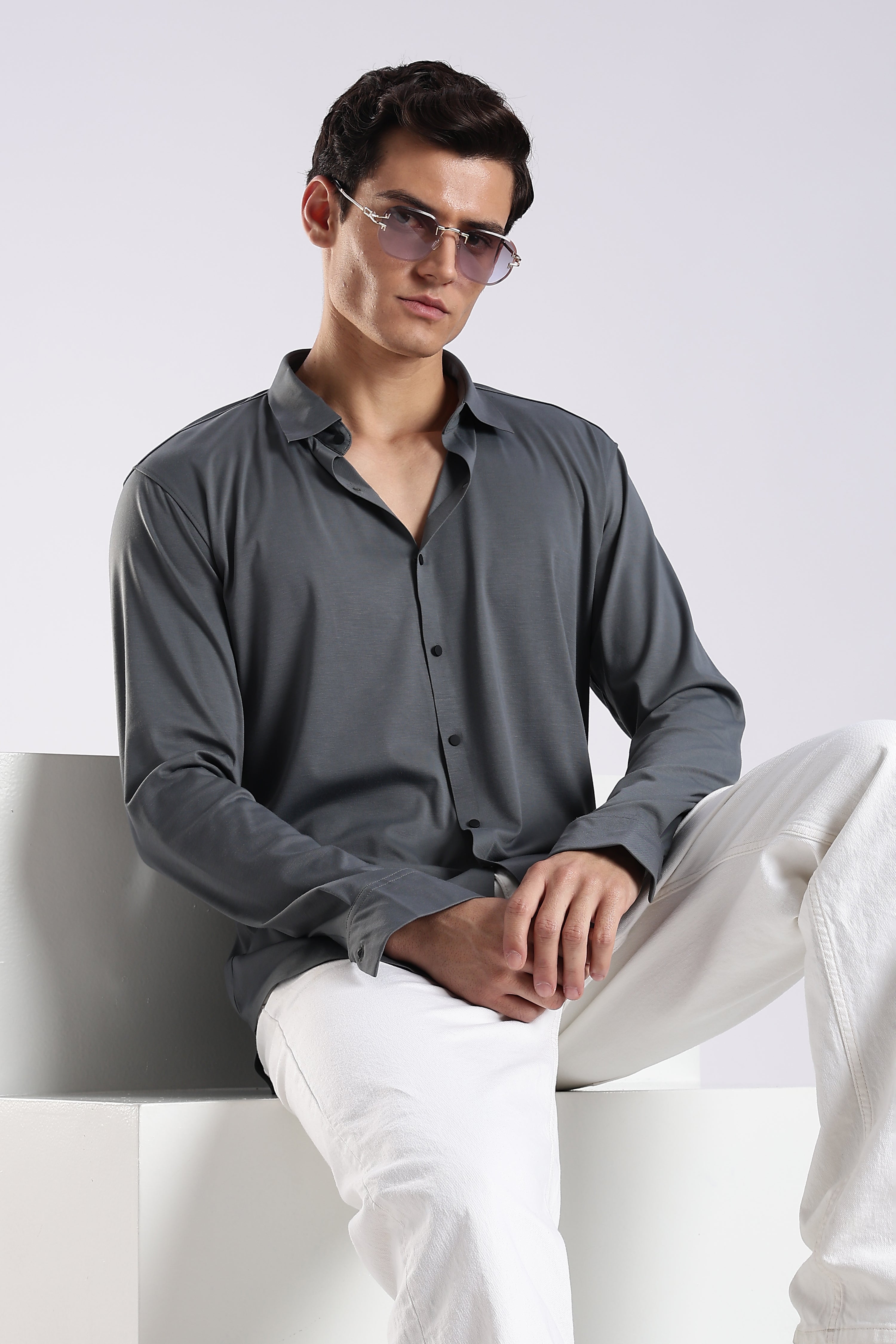 Men Grey Knitted Slim Fit Shirt