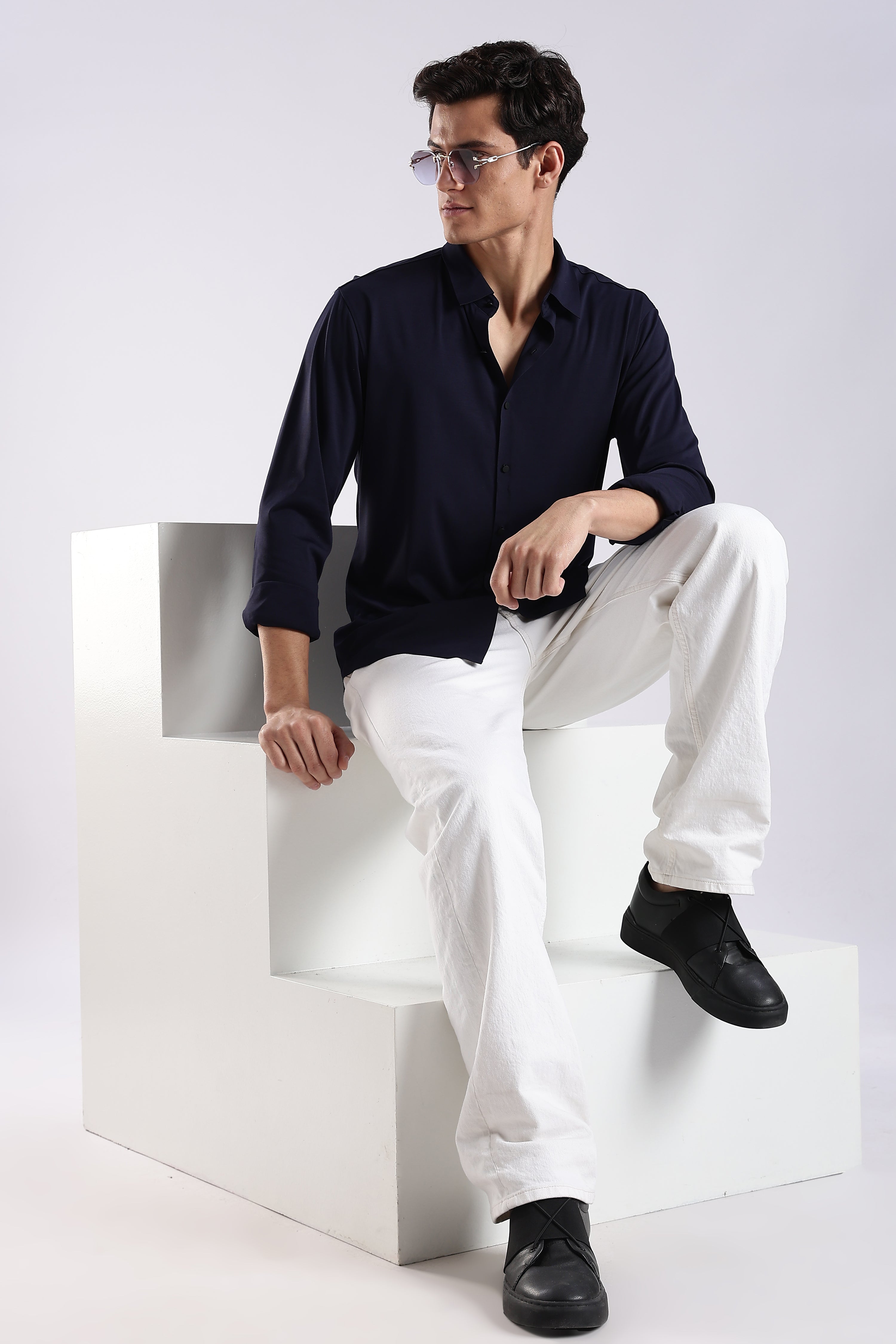 Men Navy Blue Knitted Slim Fit Shirt