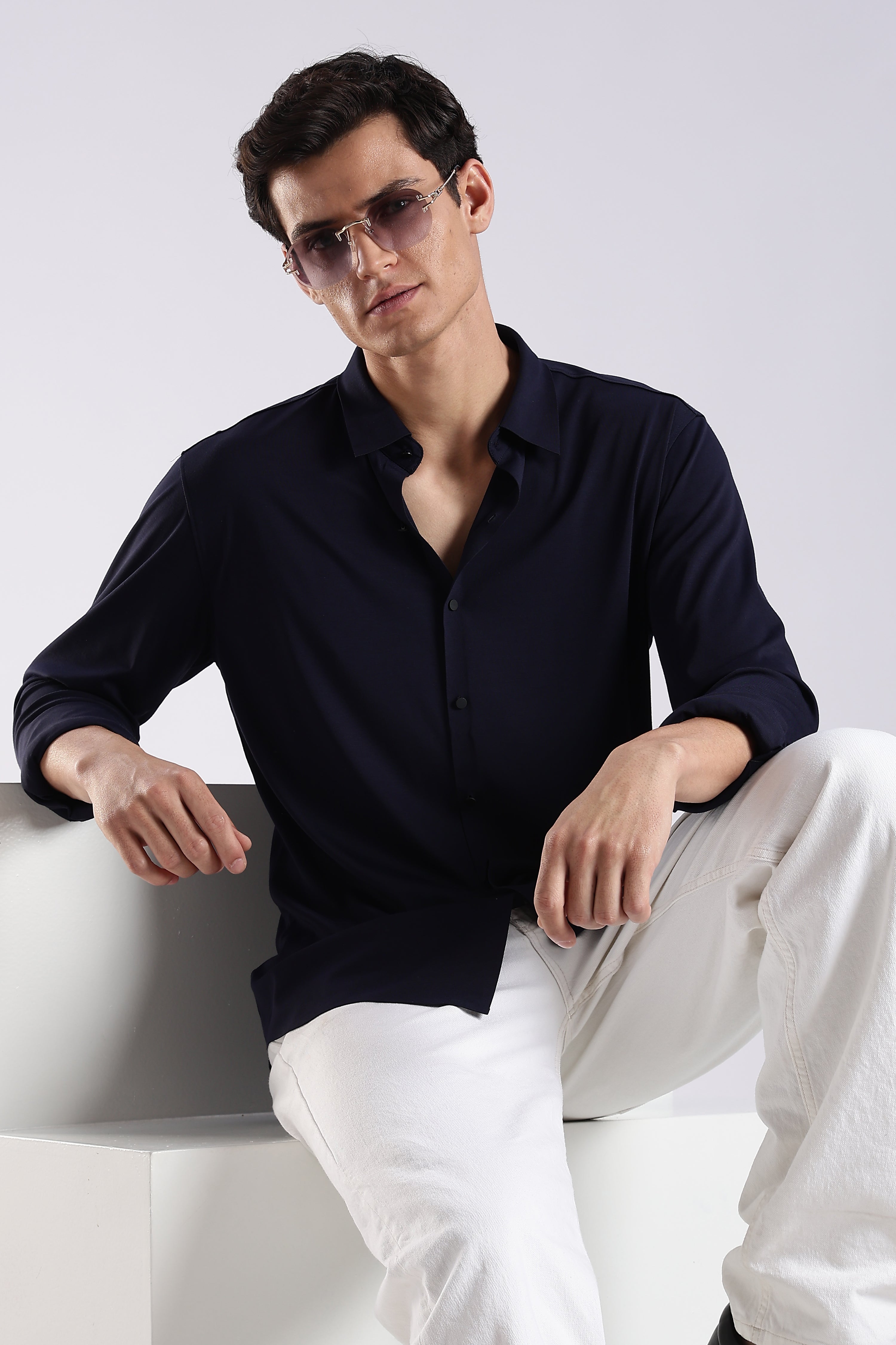 Men Navy Blue Knitted Slim Fit Shirt