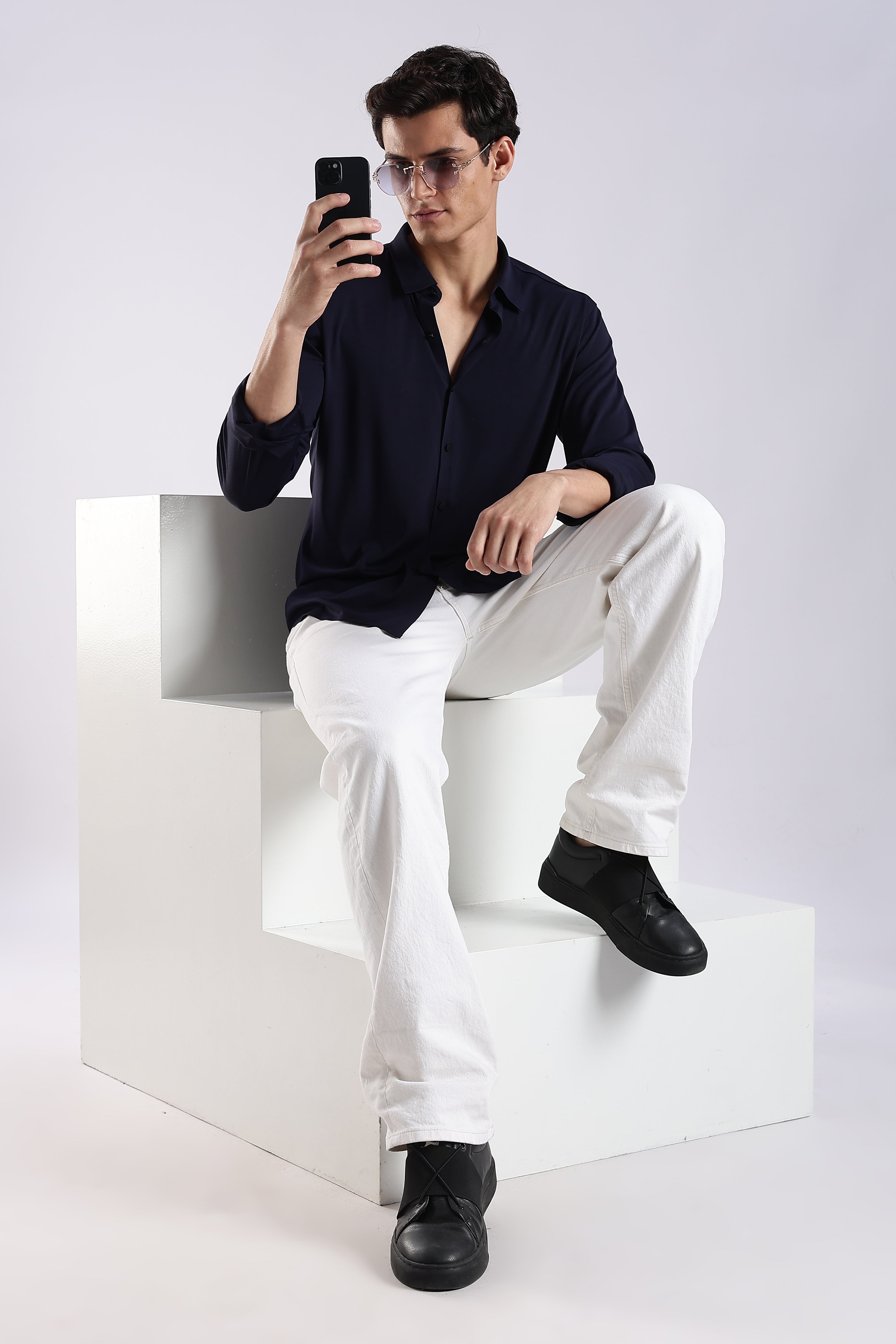 Men Navy Blue Knitted Slim Fit Shirt