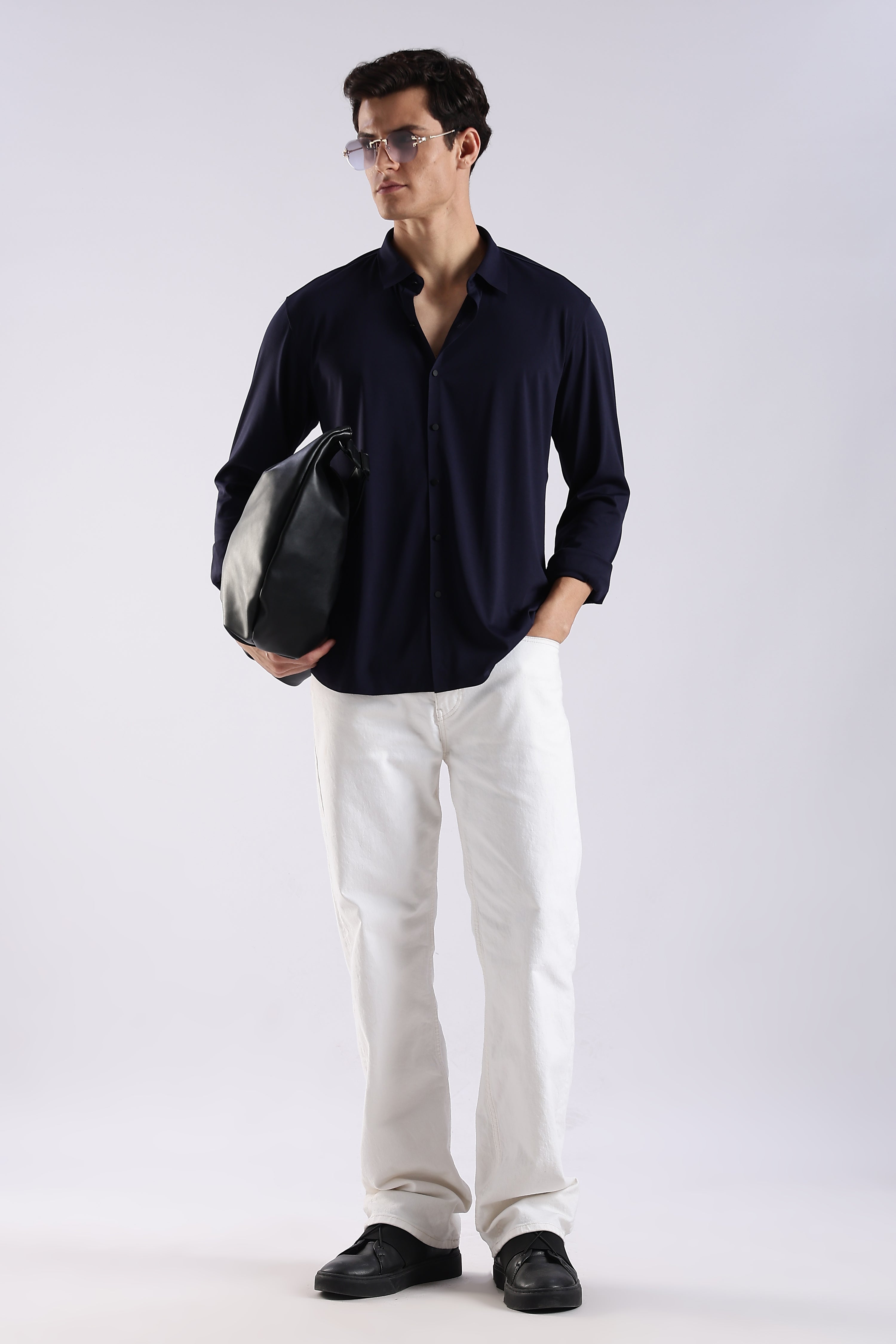 Men Navy Blue Knitted Slim Fit Shirt