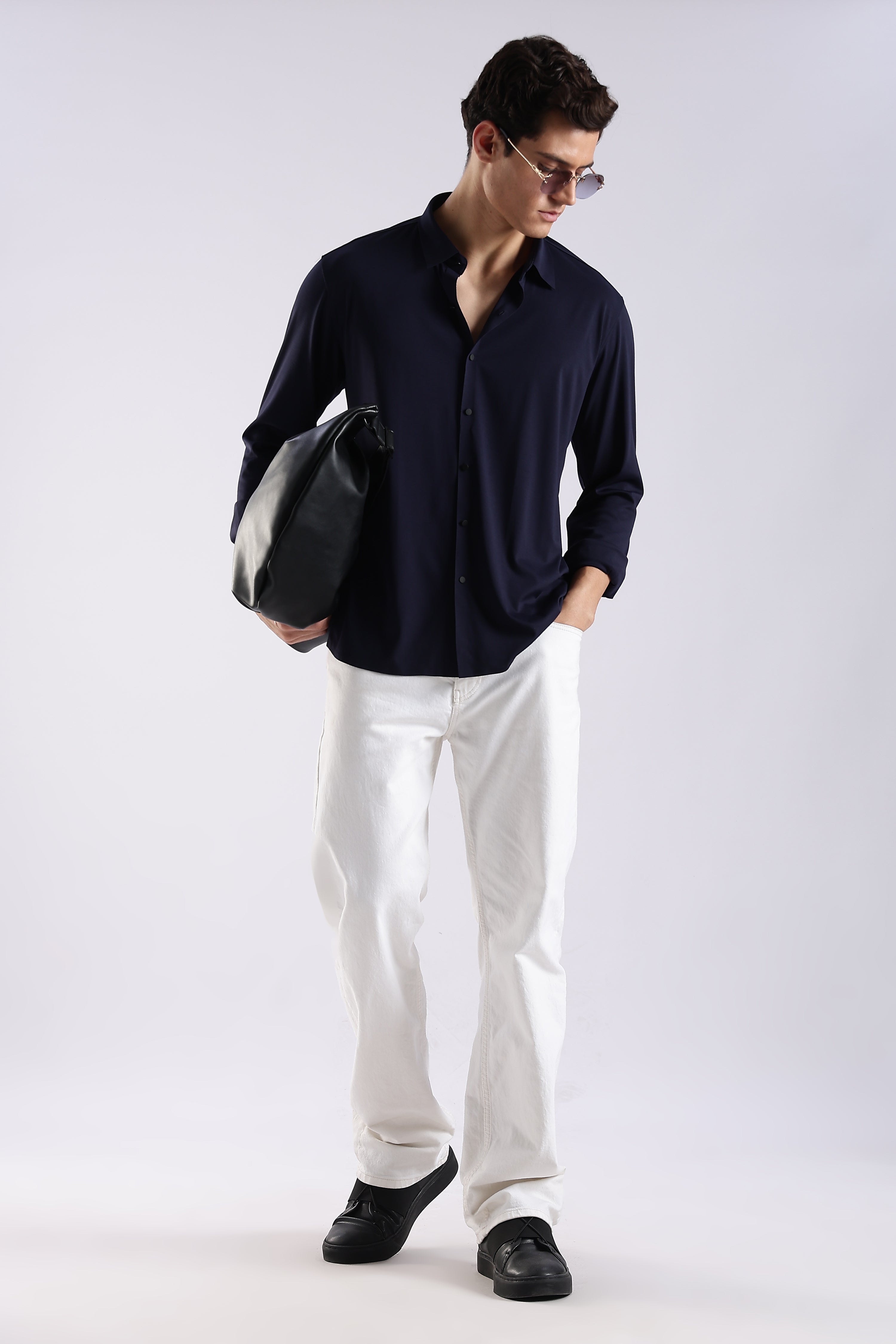 Men Navy Blue Knitted Slim Fit Shirt