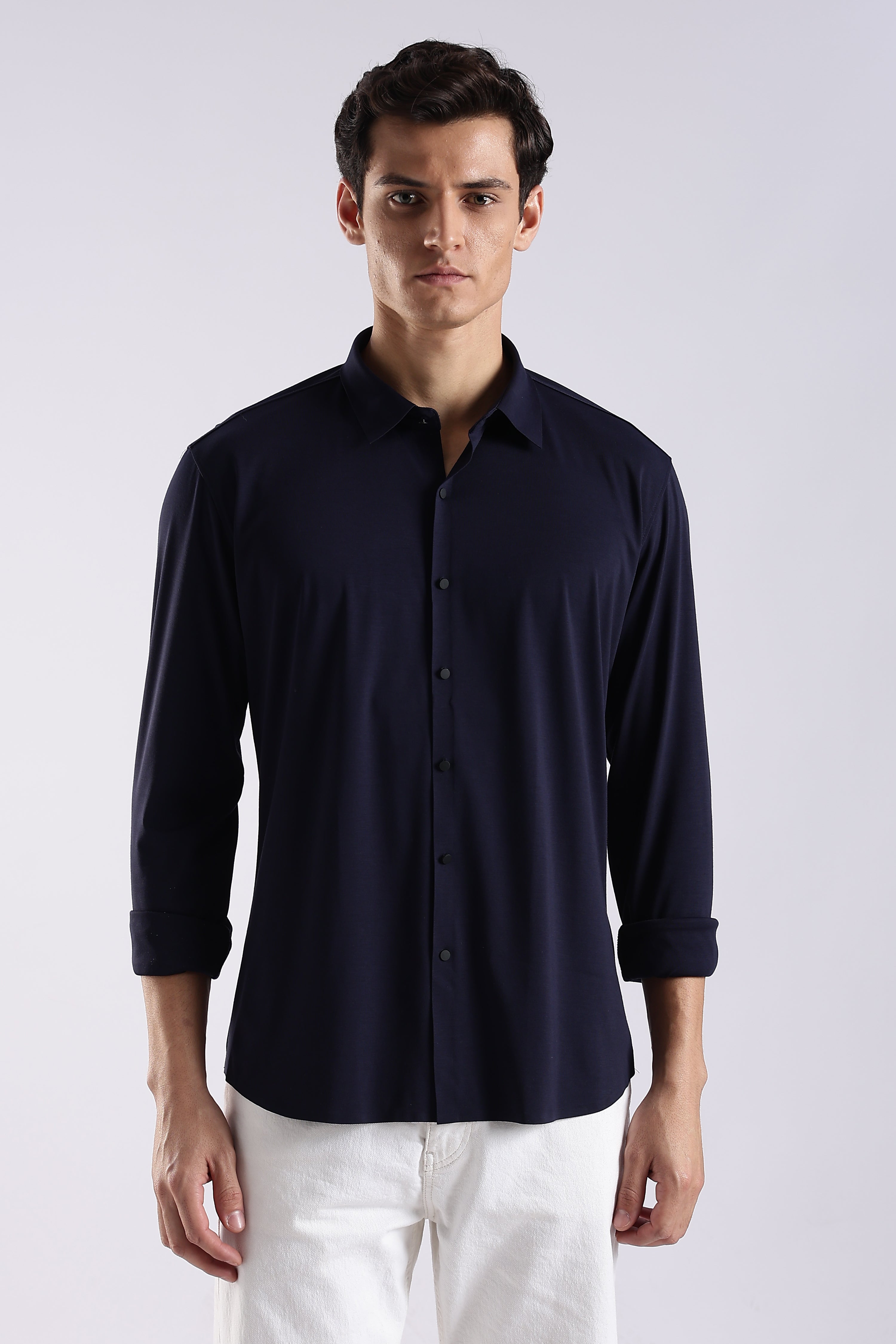 Men Navy Blue Knitted Slim Fit Shirt