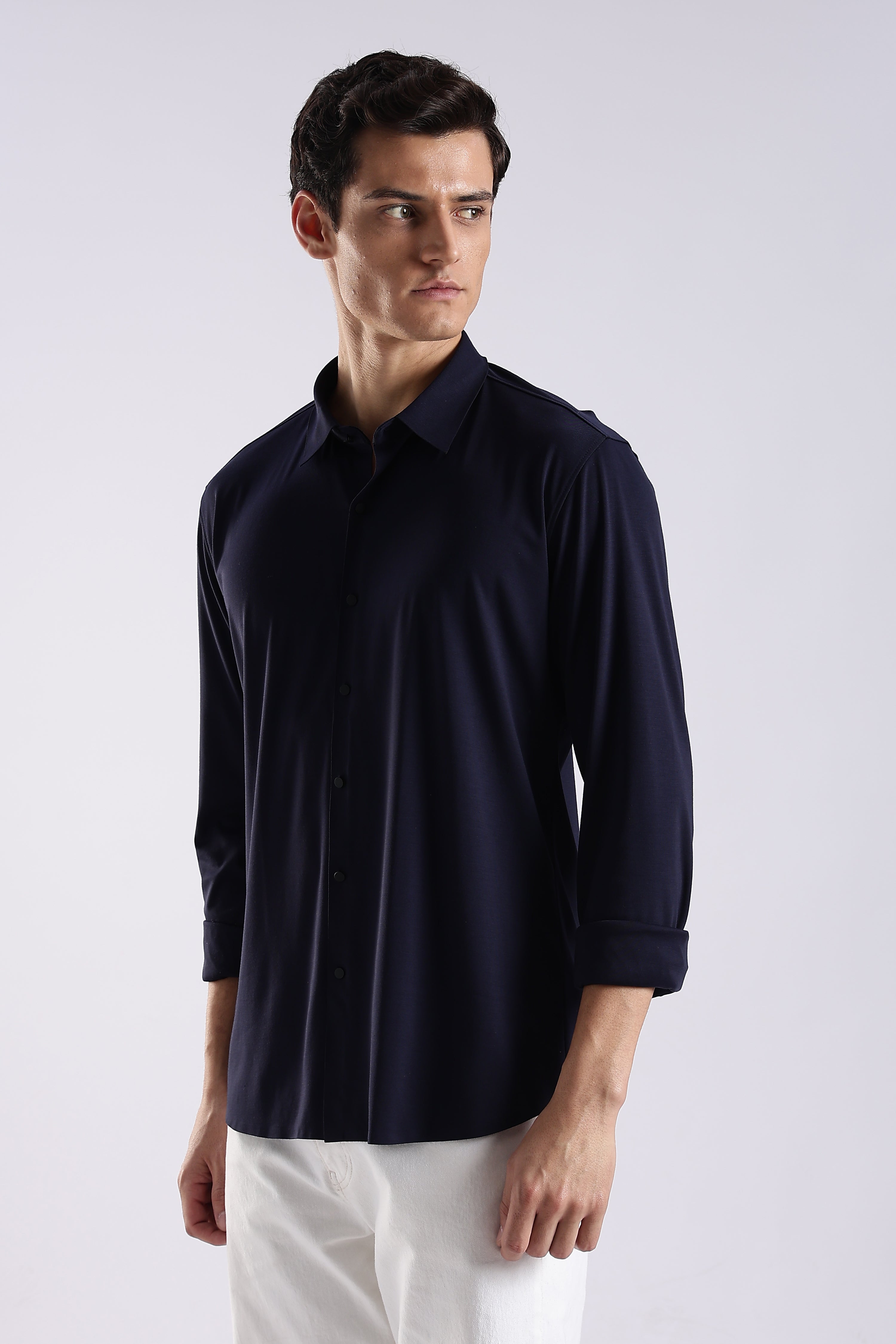 Men Navy Blue Knitted Slim Fit Shirt
