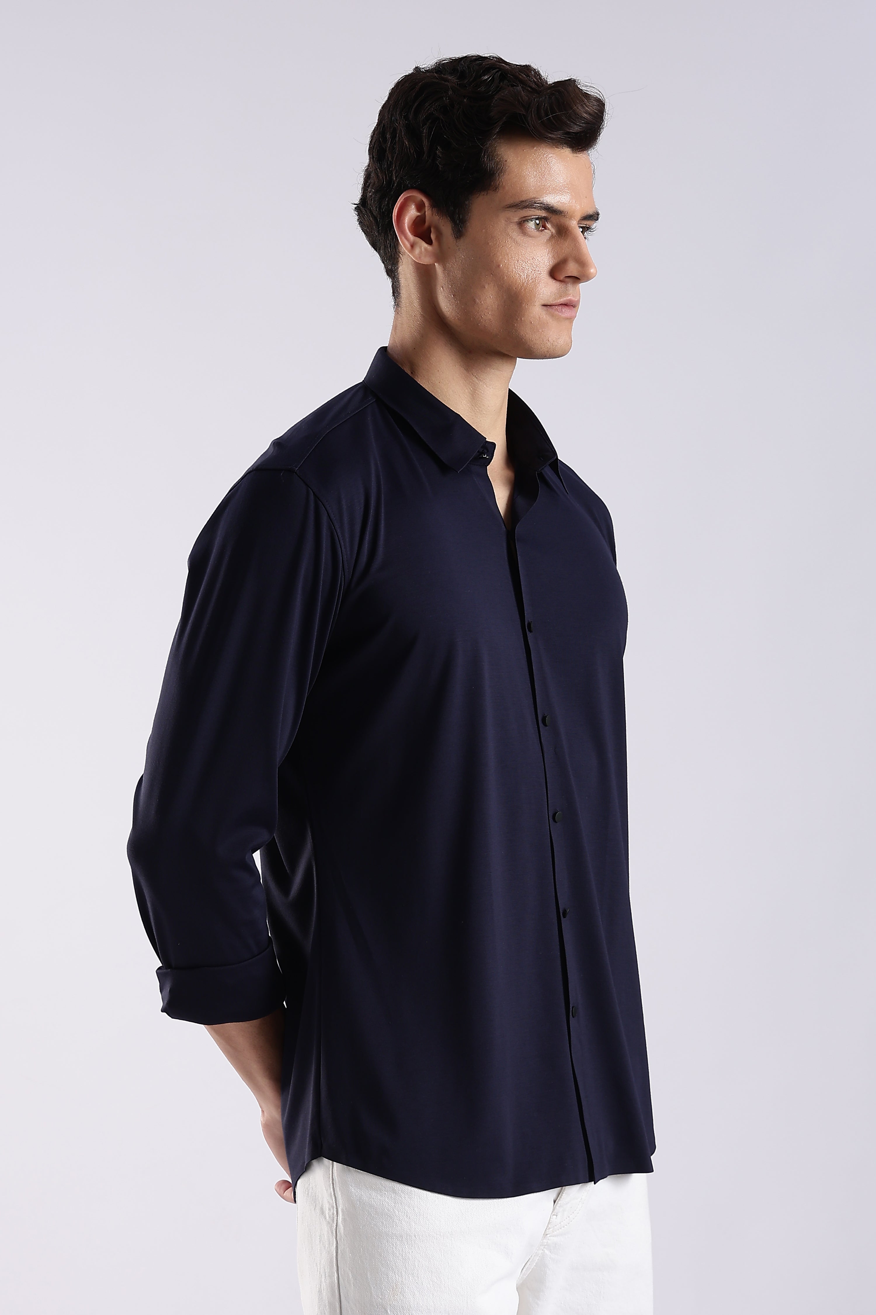 Men Navy Blue Knitted Slim Fit Shirt