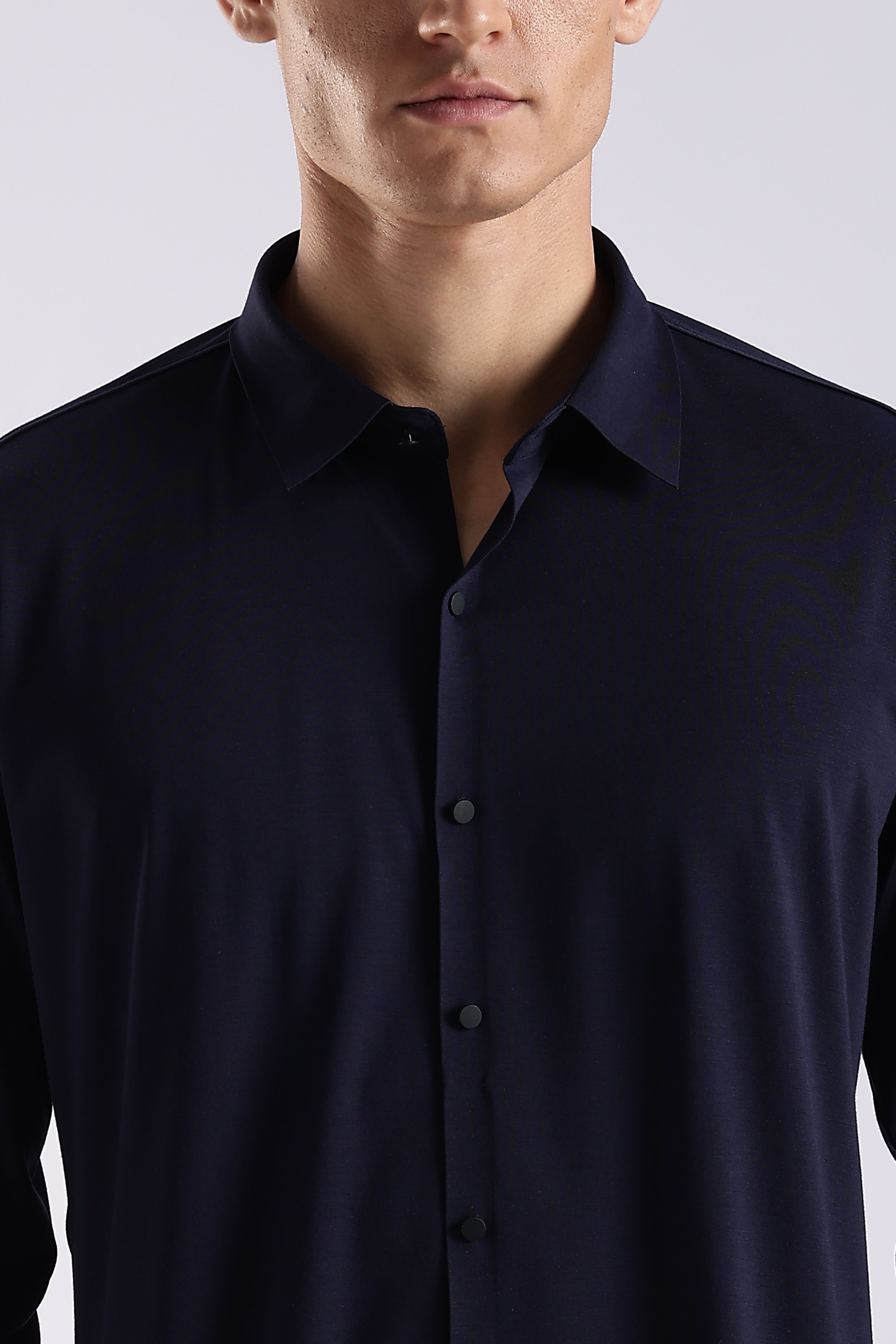 Men Navy Blue Knitted Slim Fit Shirt