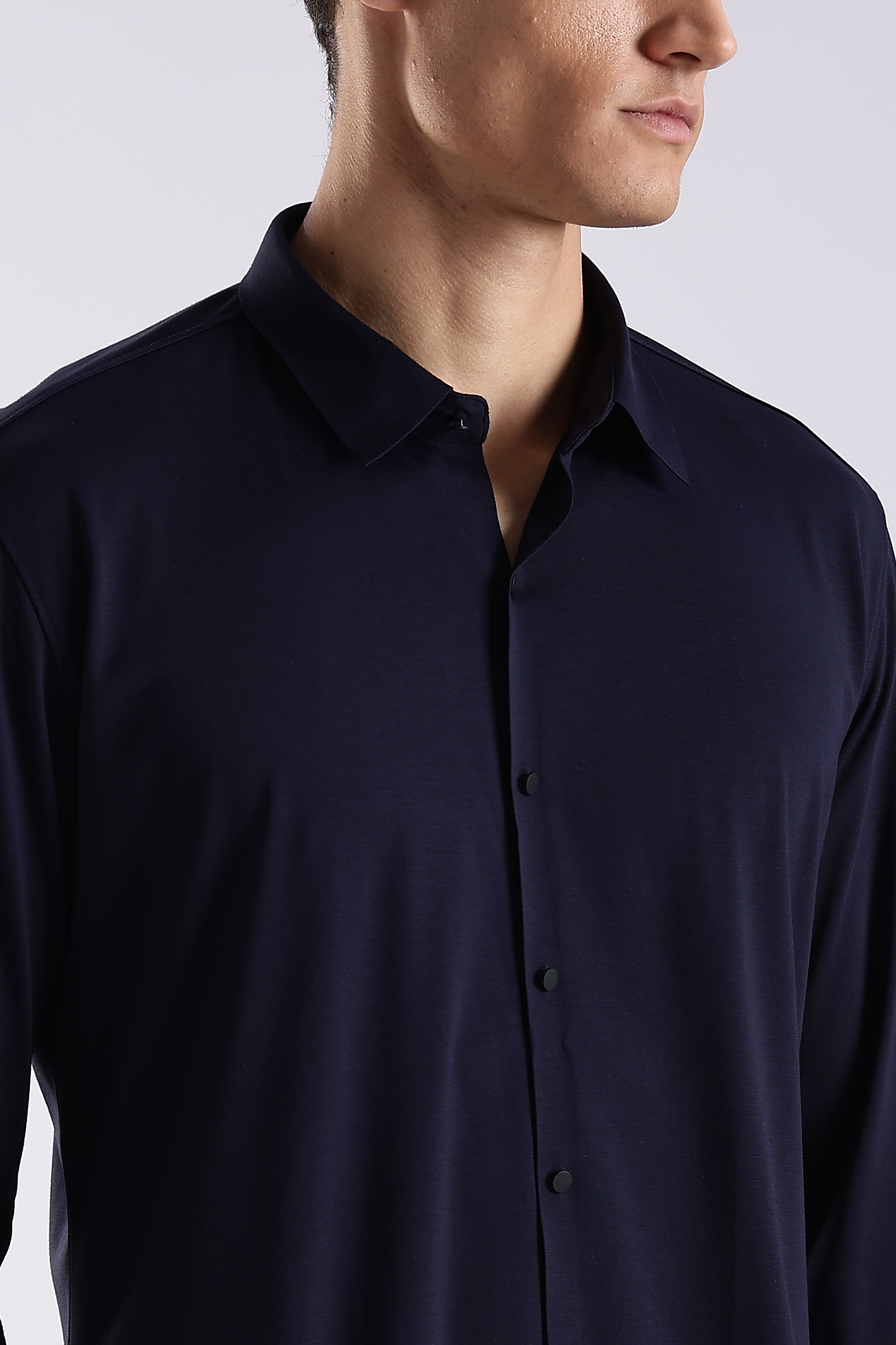 Men Navy Blue Knitted Slim Fit Shirt