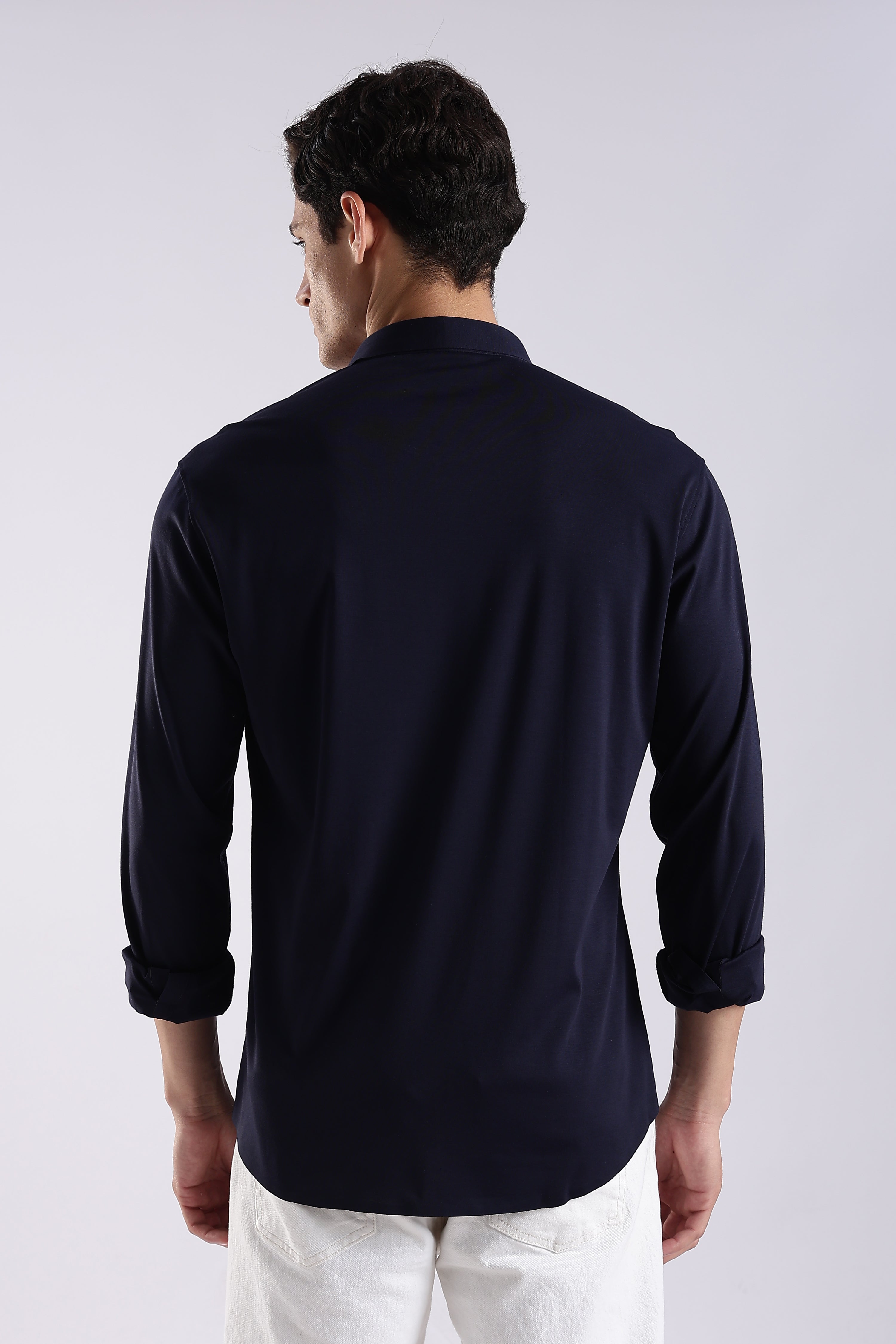 Men Navy Blue Knitted Slim Fit Shirt