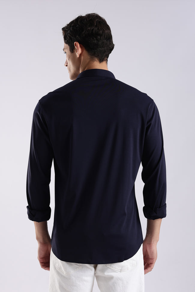 Men Navy Blue Knitted Slim Fit Shirt