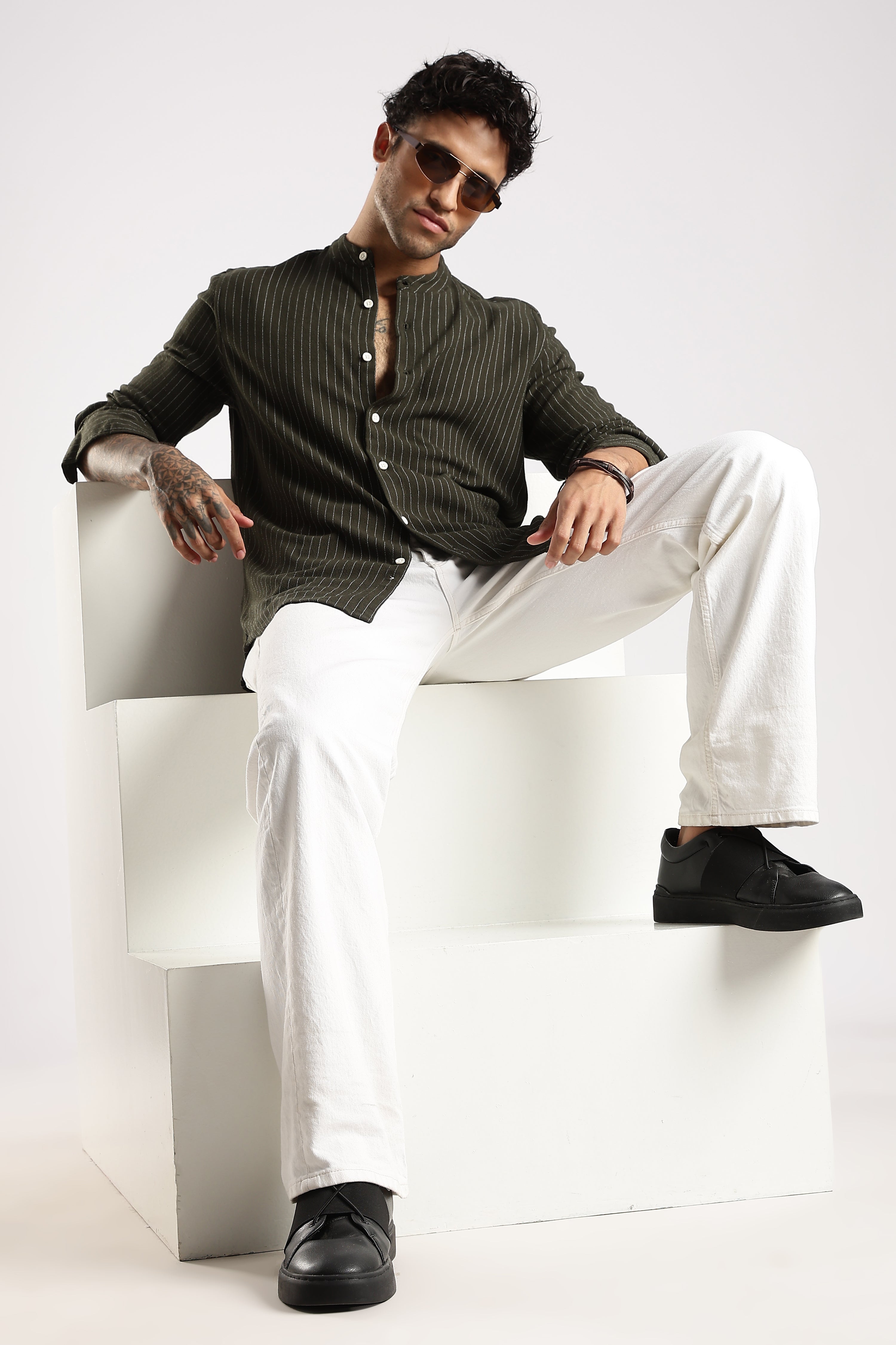 Men Green Linen Blend Striped Shirt