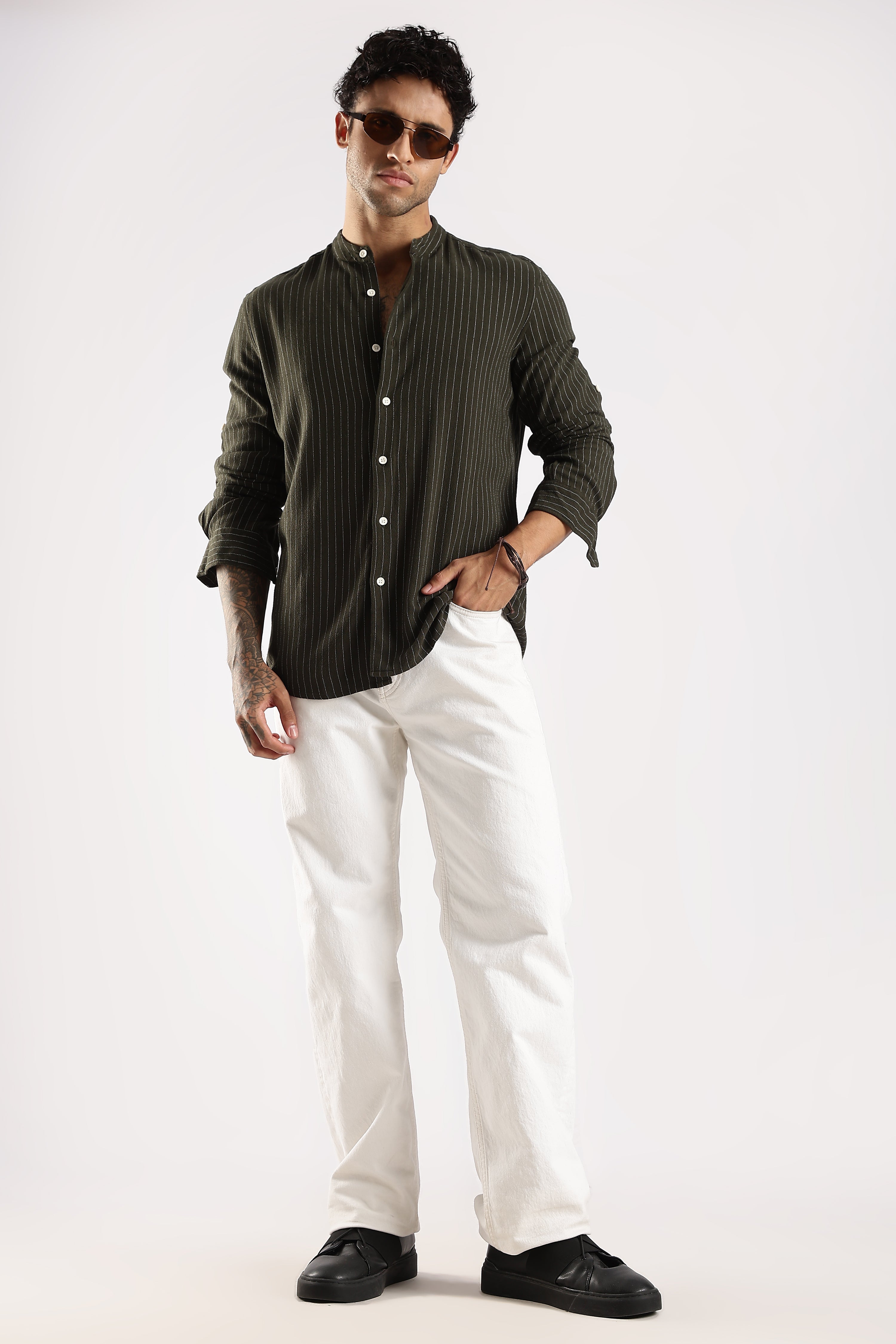 Men Green Linen Blend Striped Shirt
