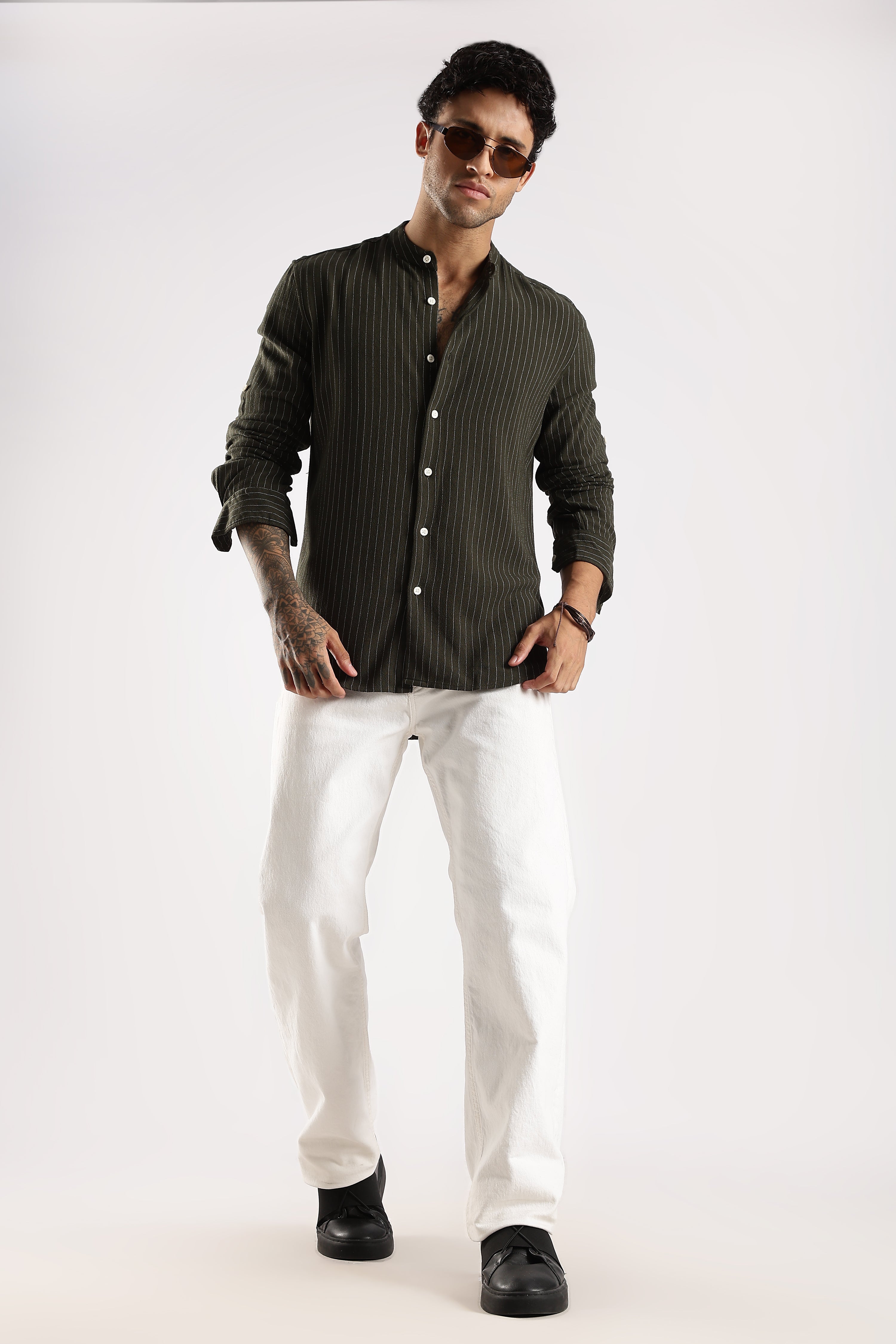 Men Green Linen Blend Striped Shirt