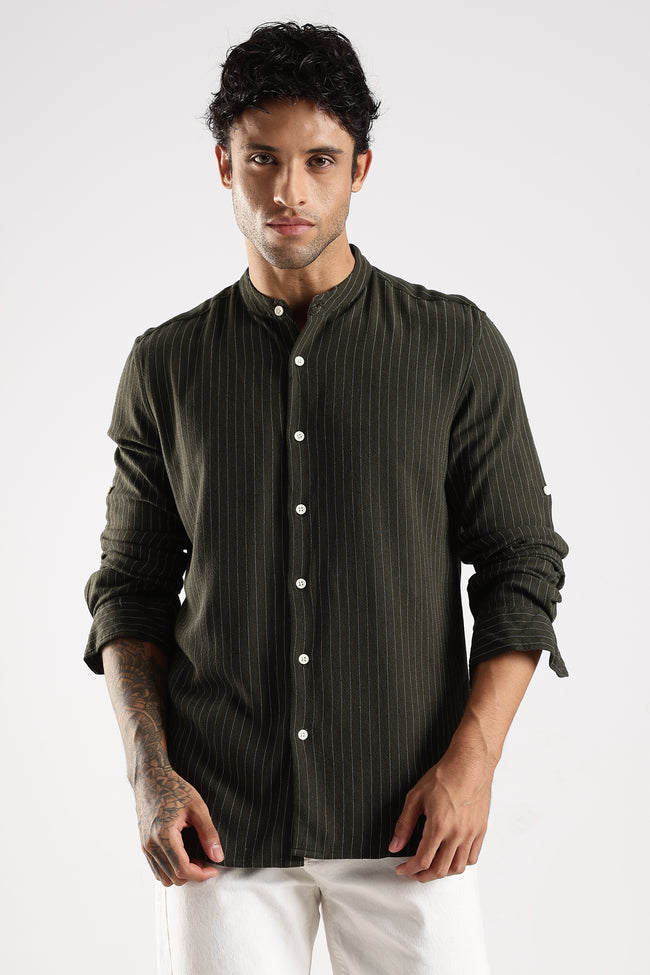 Men Green Linen Blend Striped Shirt