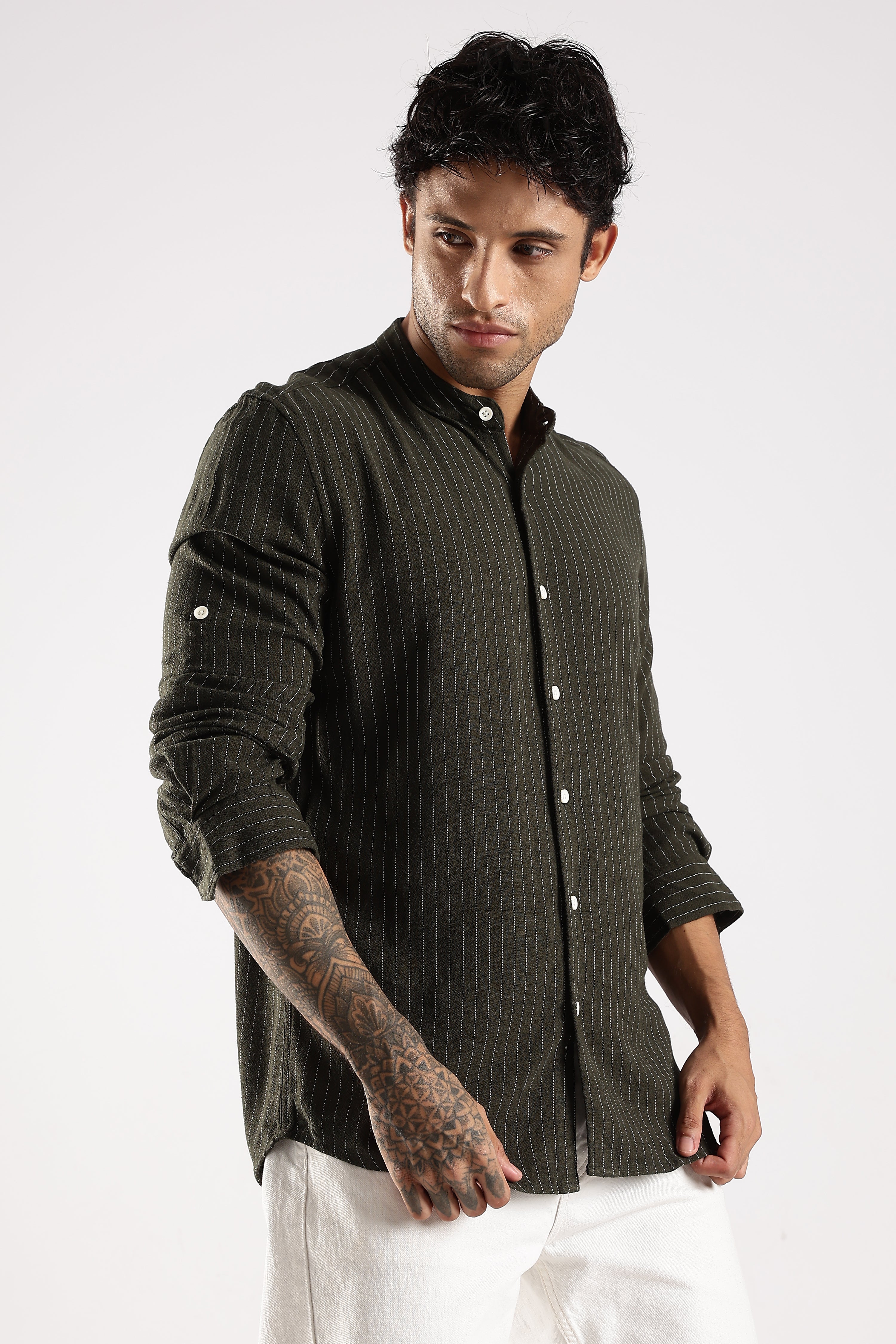Men Green Linen Blend Striped Shirt