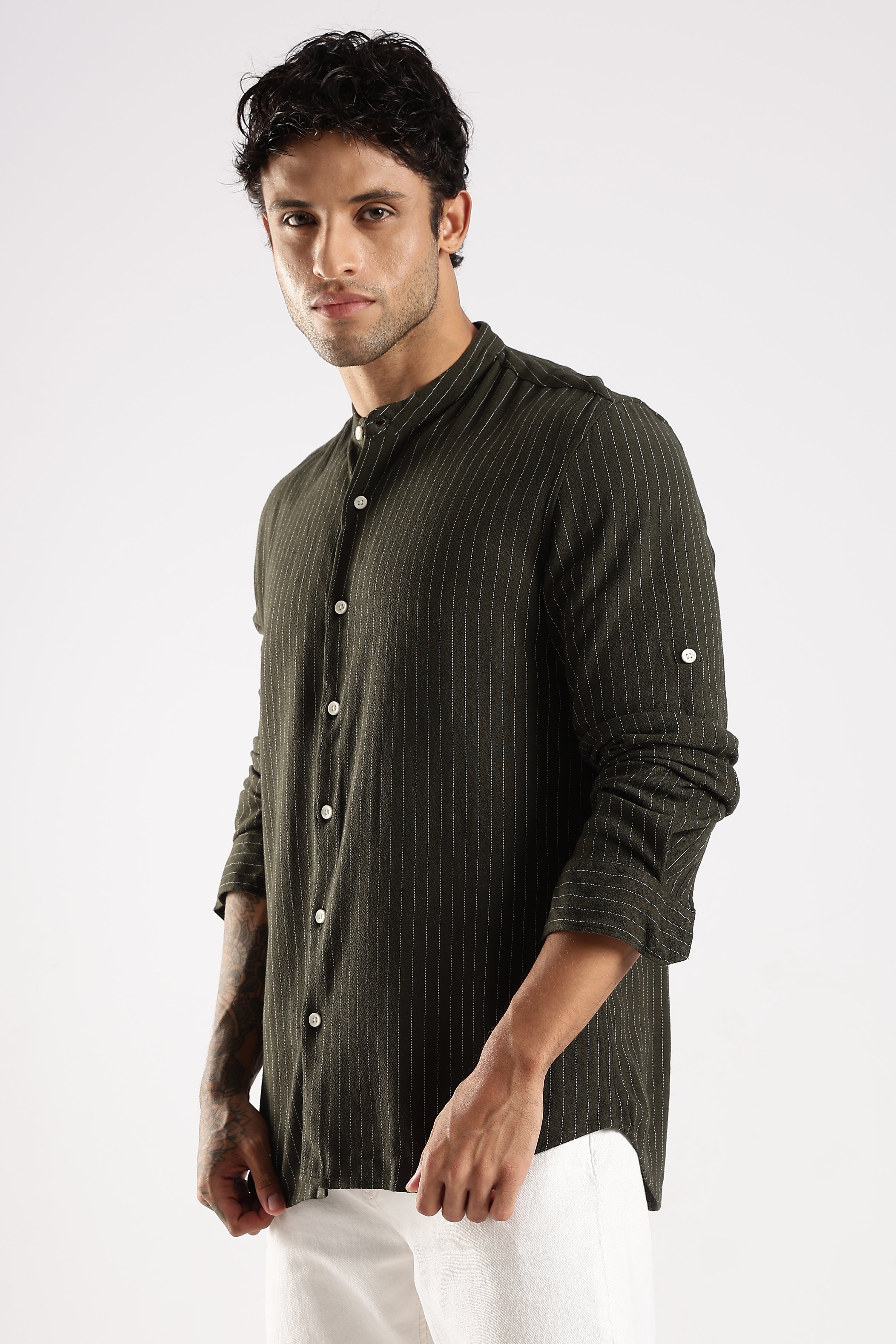 Men Green Linen Blend Striped Shirt
