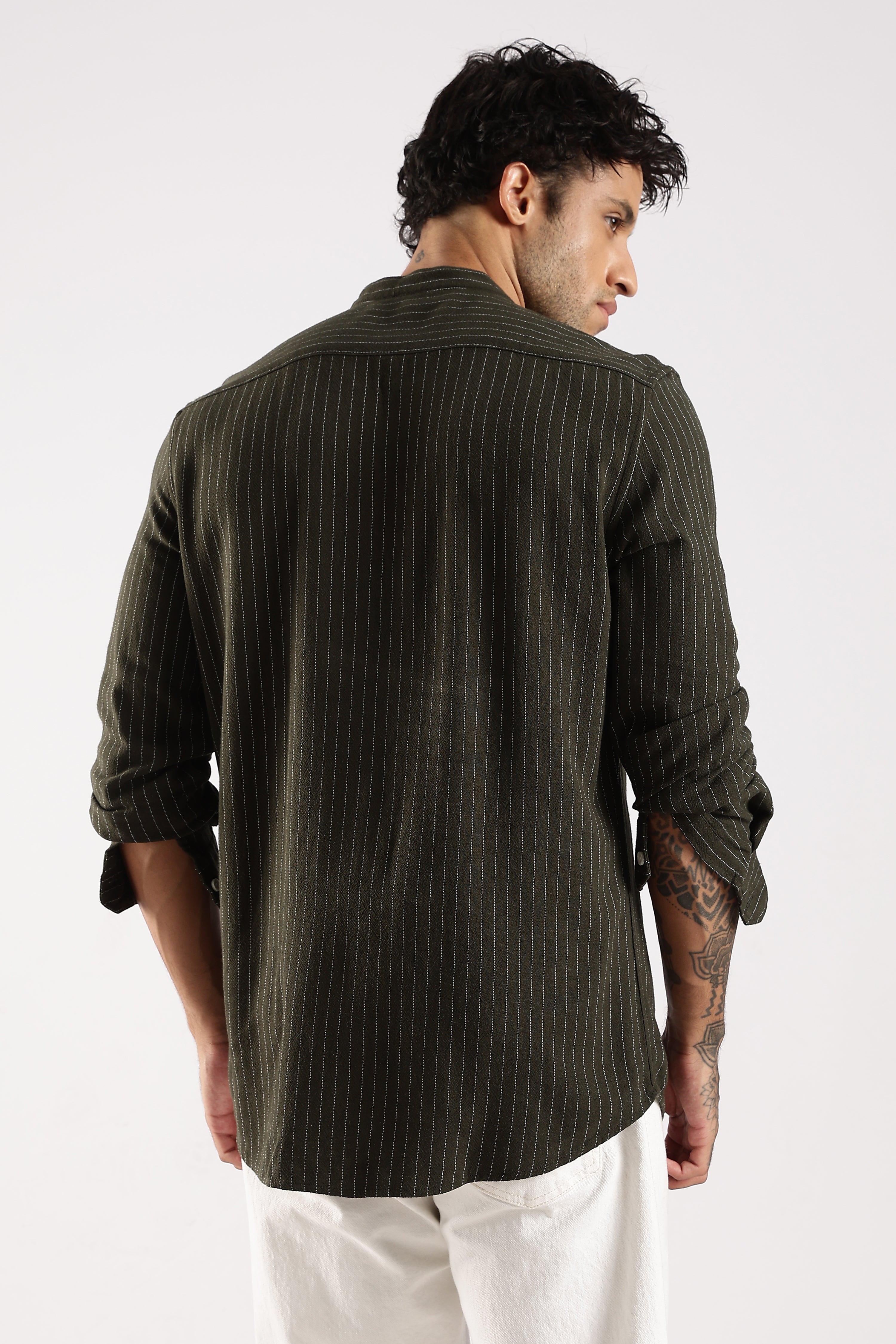 Men Green Linen Blend Striped Shirt