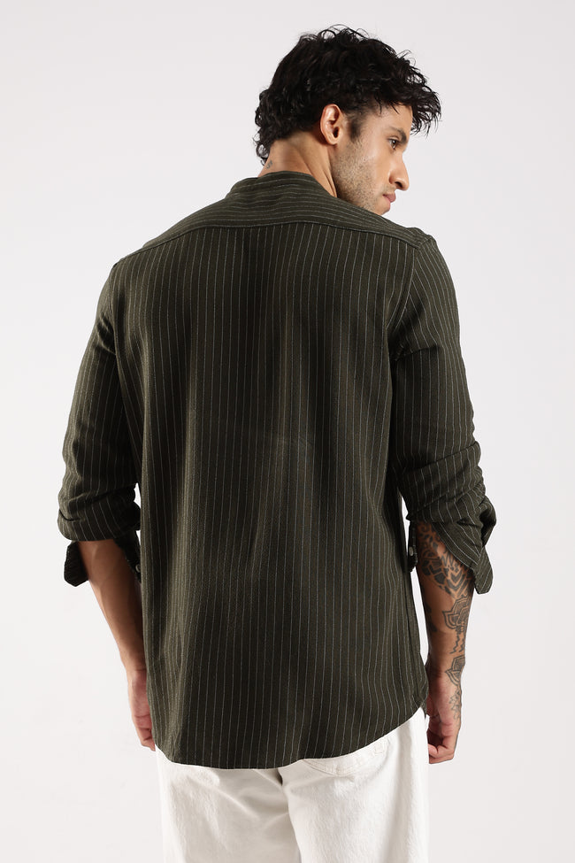 Men Green Linen Blend Striped Shirt