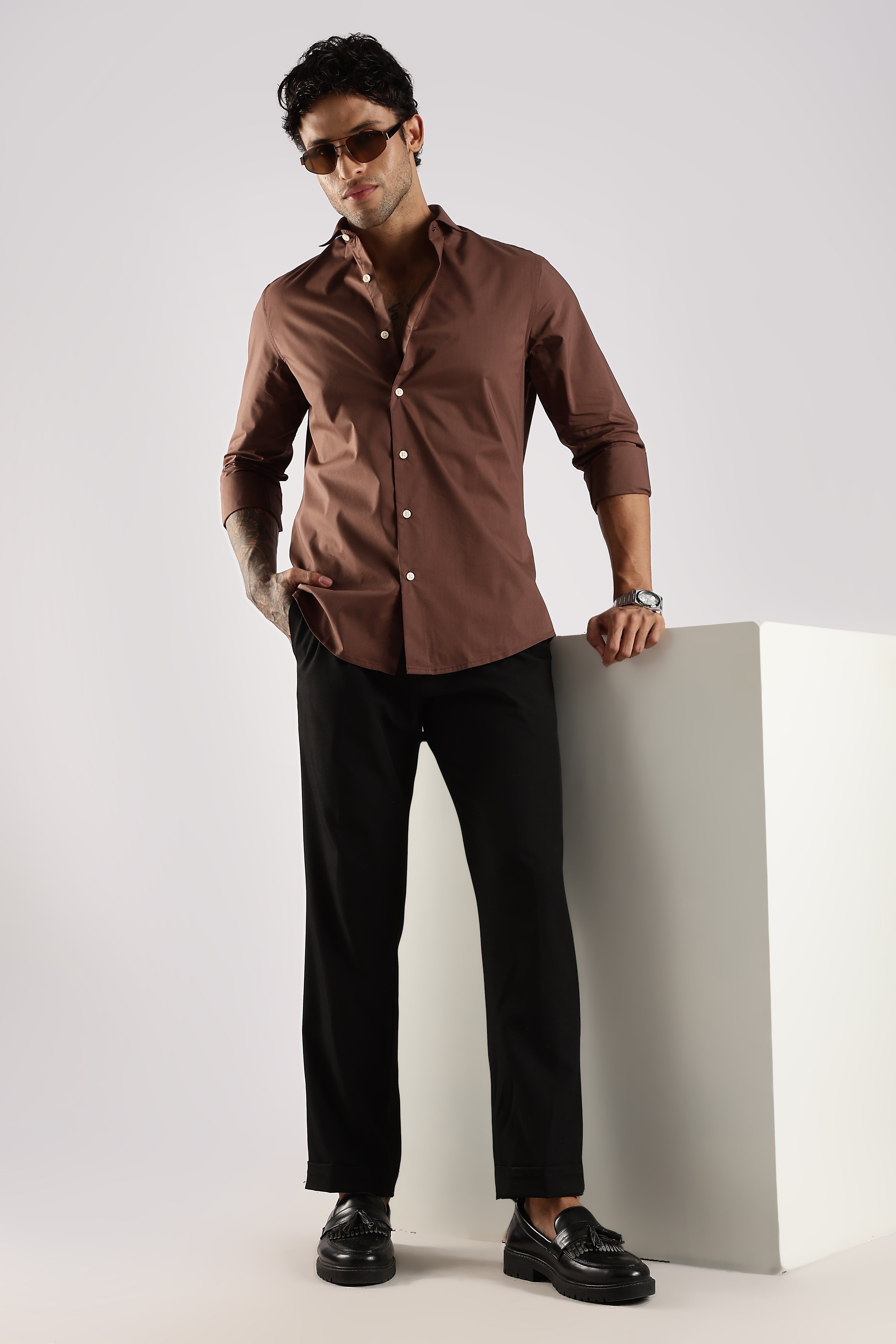 Men Brown Cotton Slim Fit Shirt