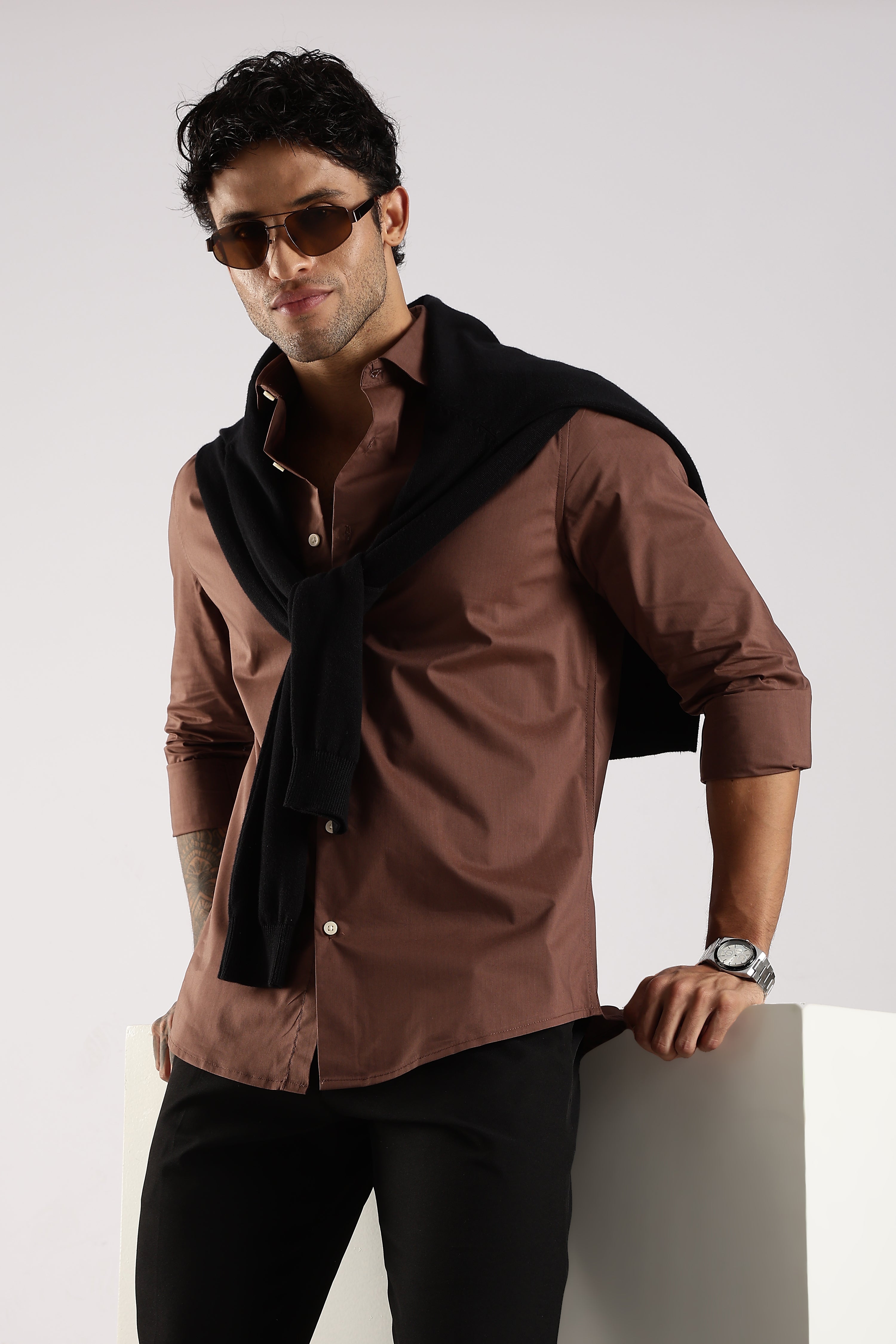 Men Brown Cotton Slim Fit Shirt
