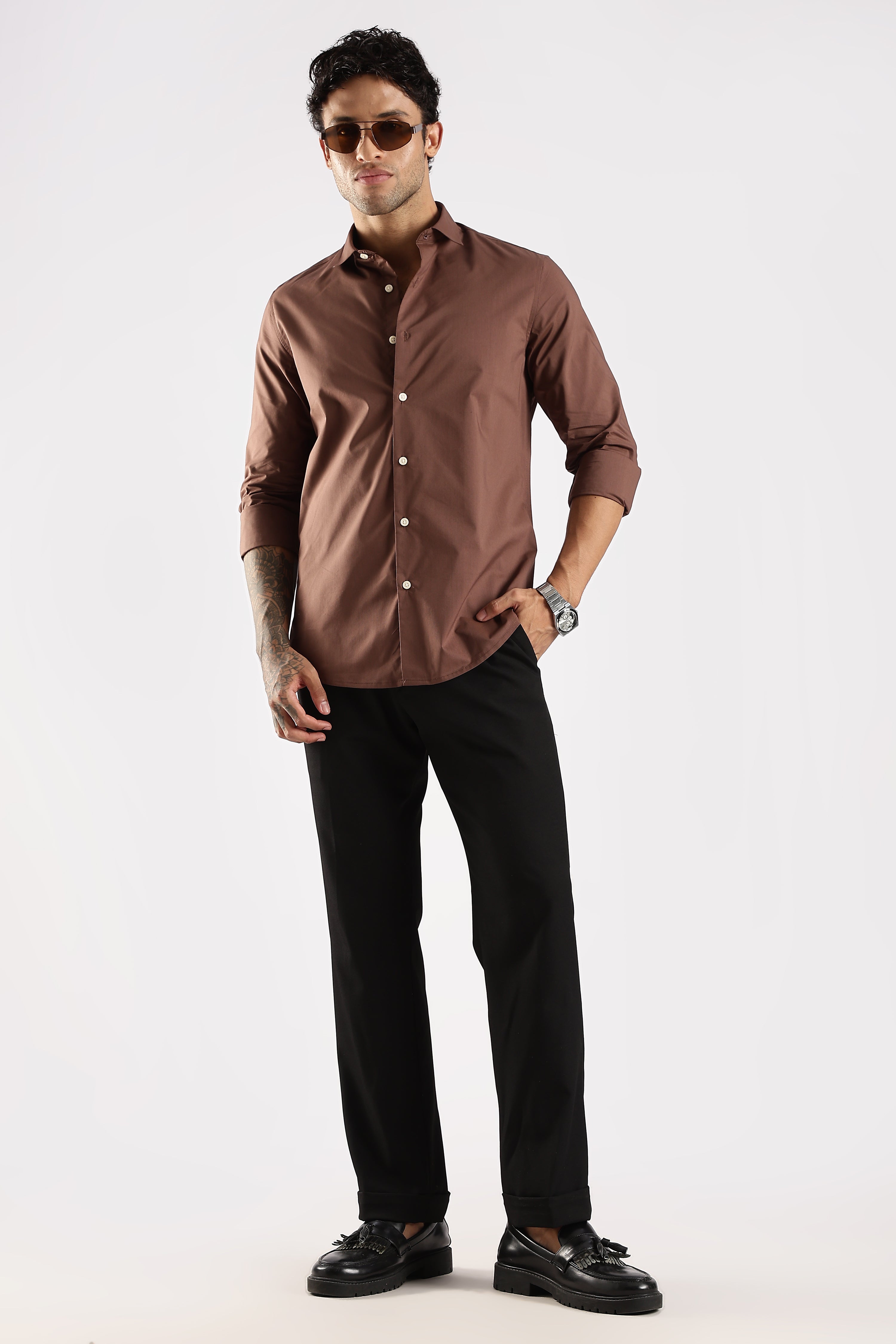 Men Brown Cotton Slim Fit Shirt