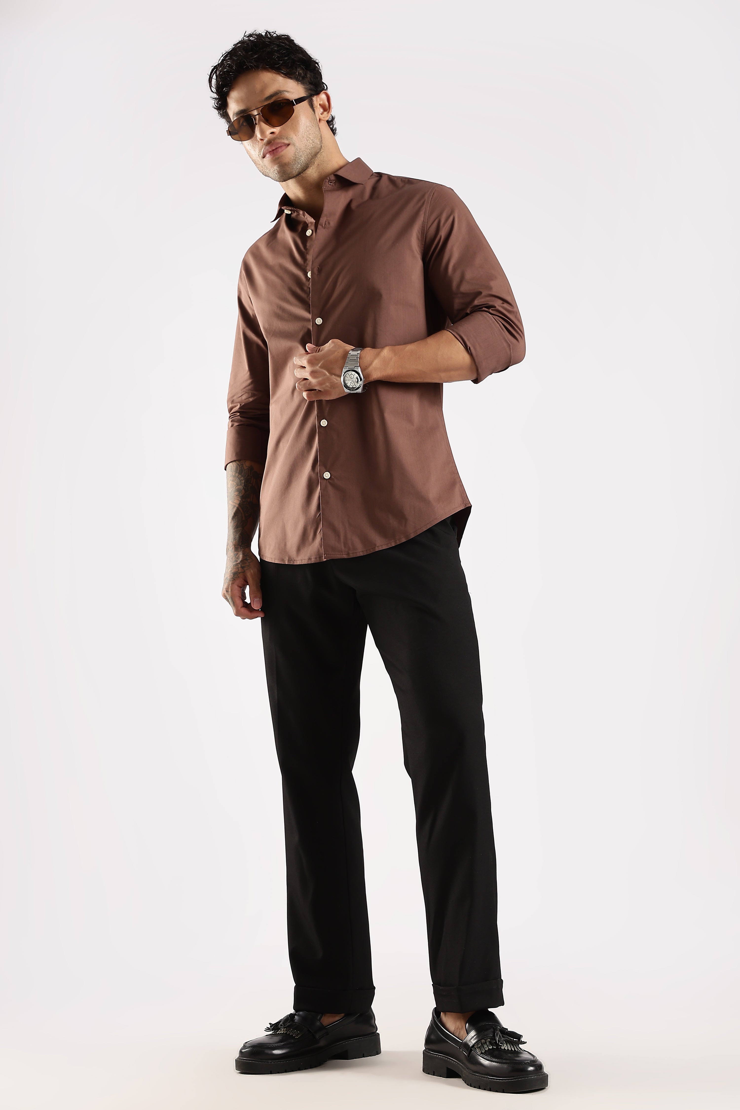 Men Brown Cotton Slim Fit Shirt