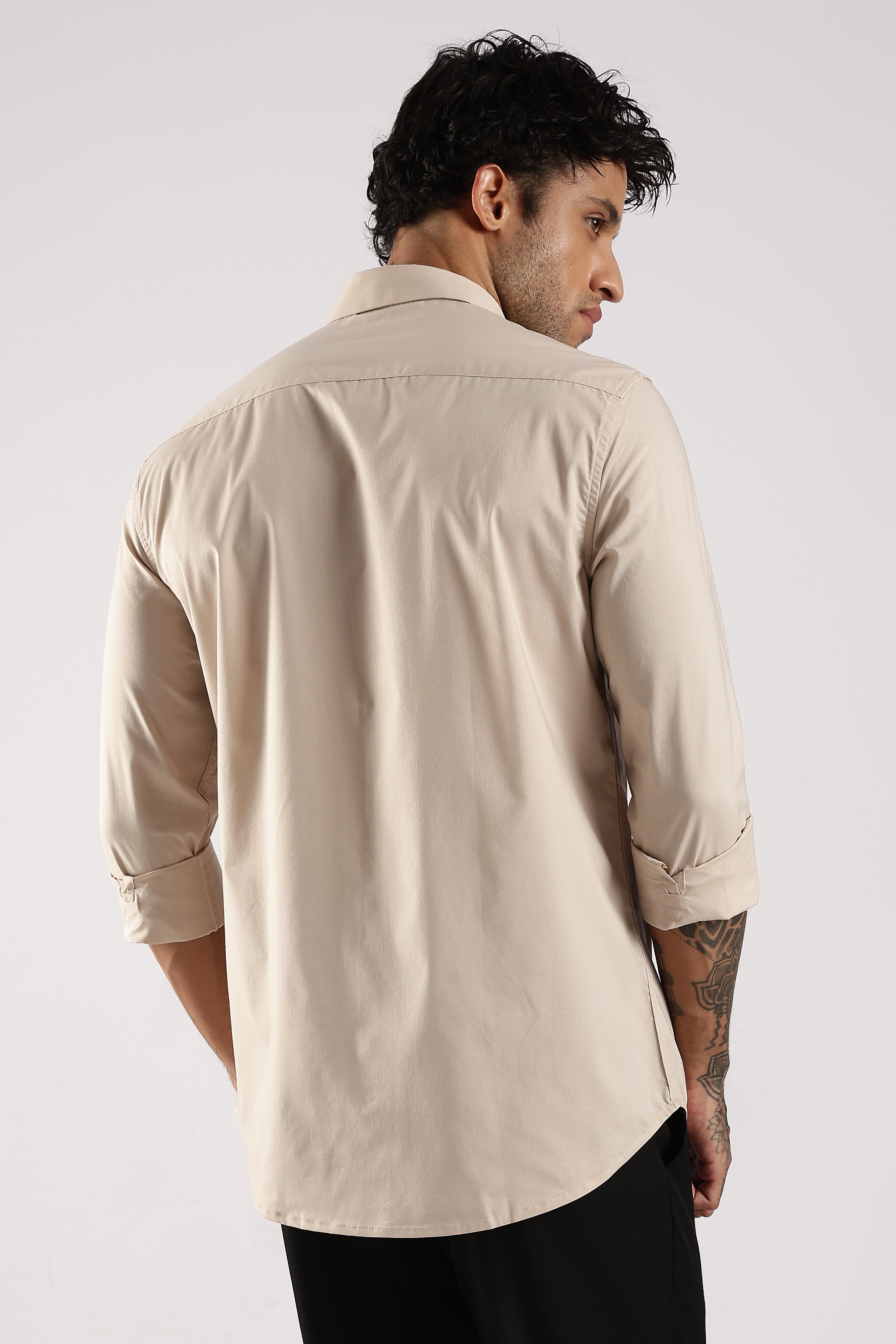 Men Cream Cotton Slim Fit Shirt