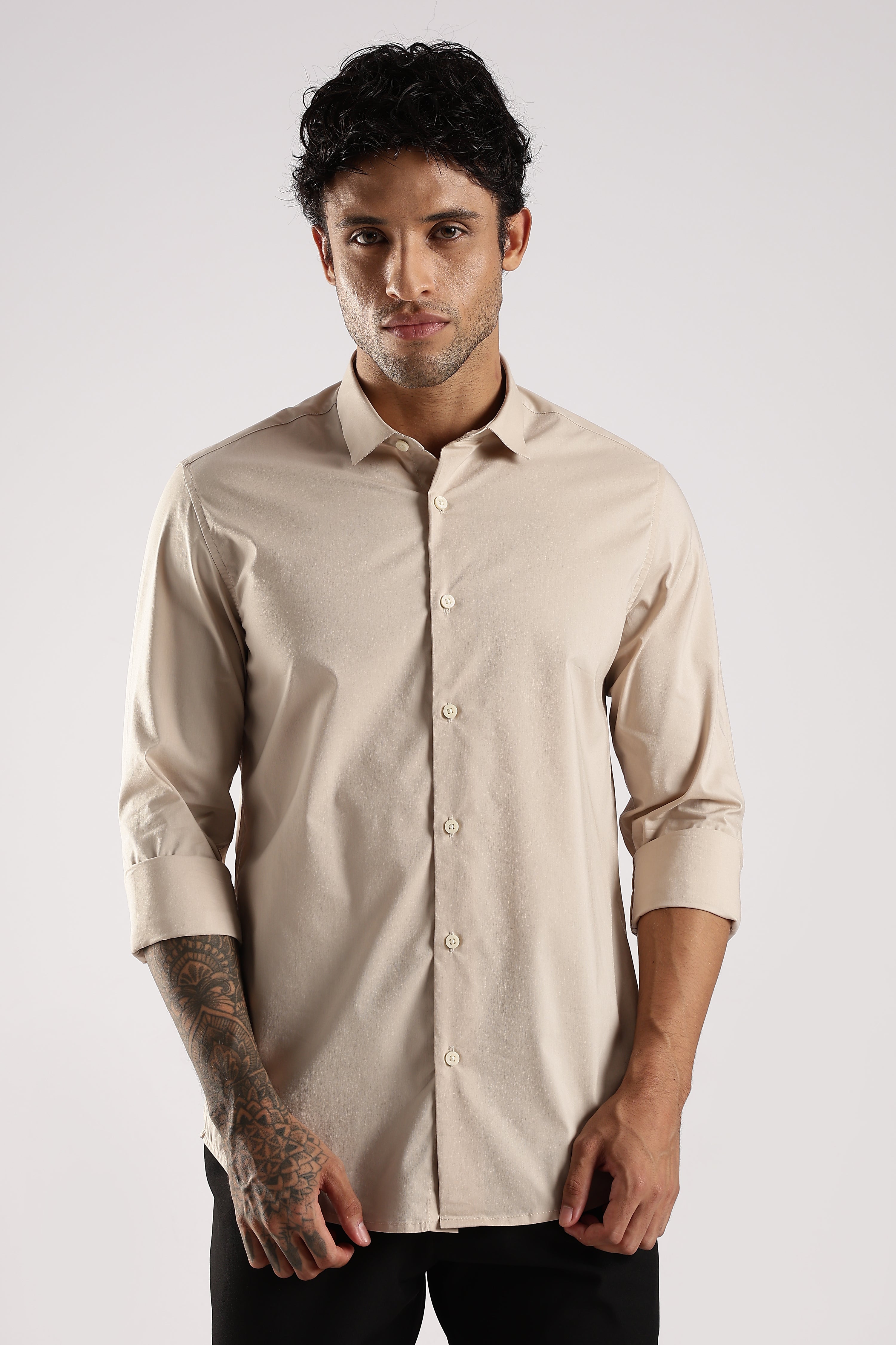 Men Cream Cotton Slim Fit Shirt