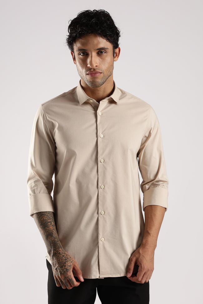 Men Cream Cotton Slim Fit Shirt