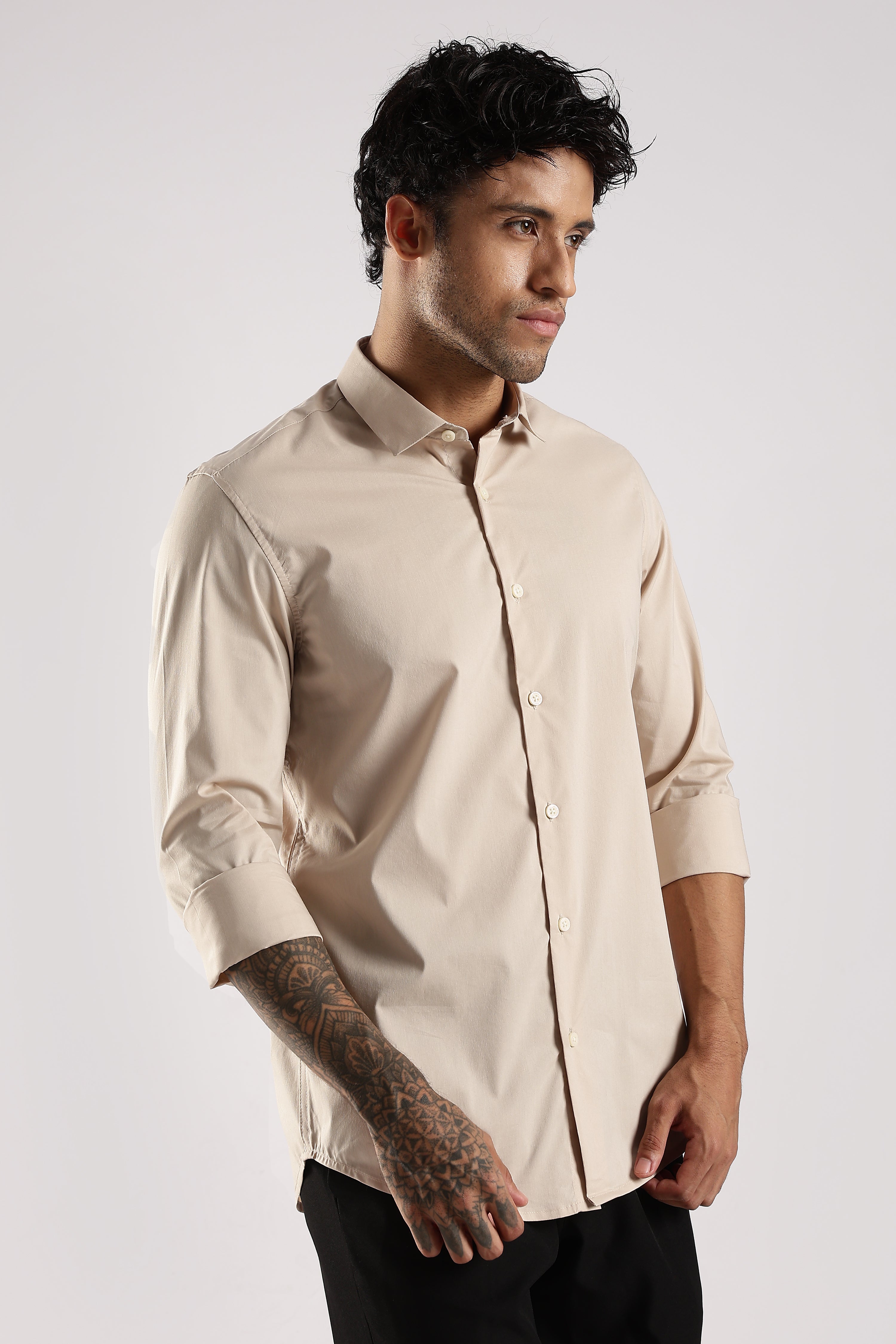 Men Cream Cotton Slim Fit Shirt