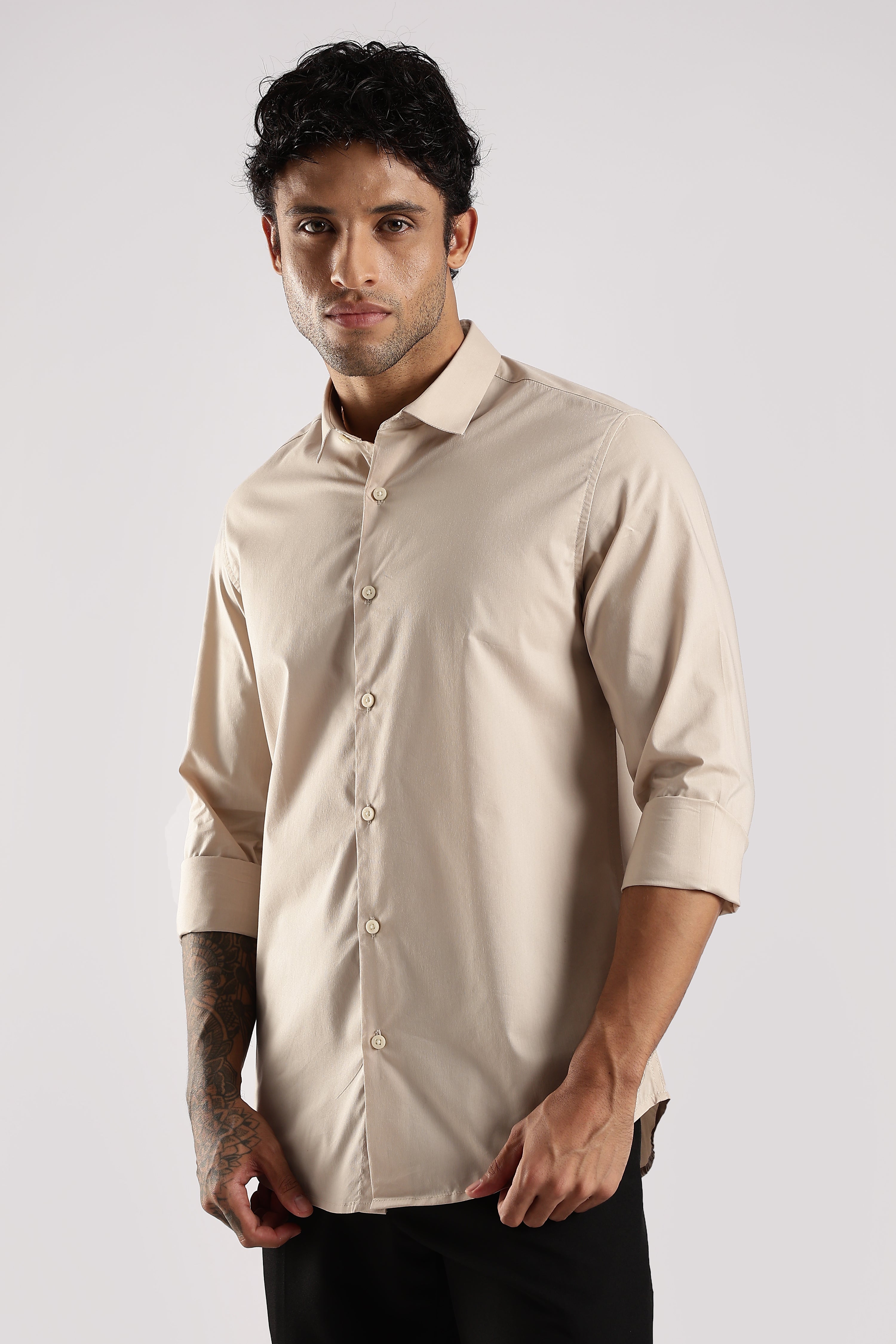 Men Cream Cotton Slim Fit Shirt
