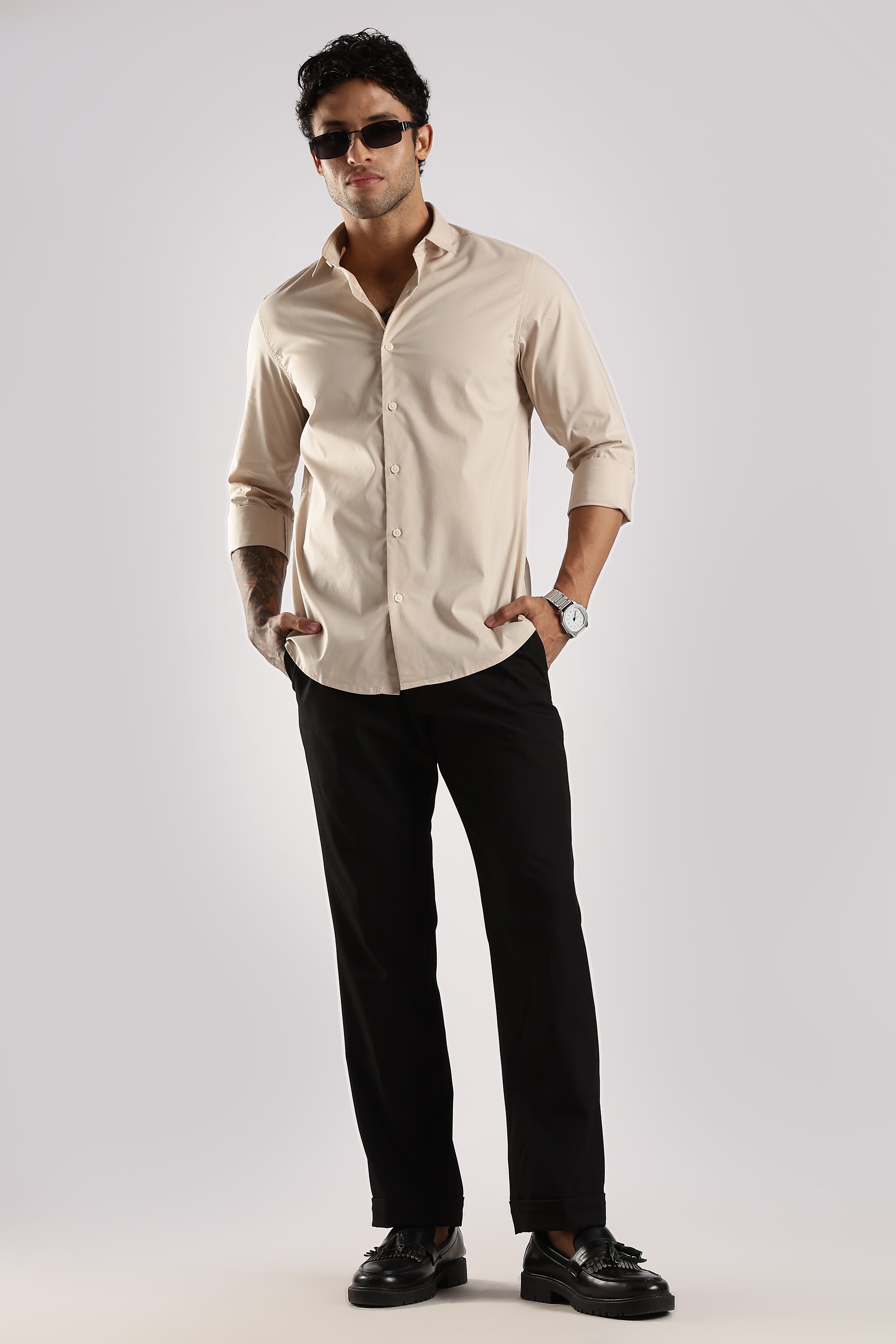 Men Cream Cotton Slim Fit Shirt